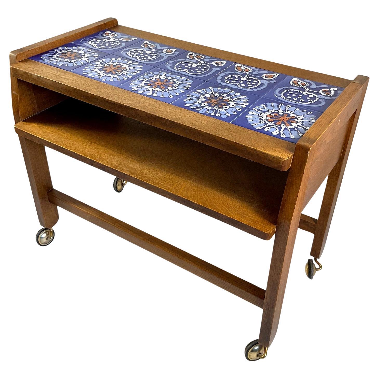 1960s Guillerme et Chambron Oak Side Table with Blue Ceramics Tiles Top