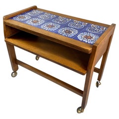 Vintage 1960s Guillerme et Chambron Oak Side Table with Blue Ceramics Tiles Top
