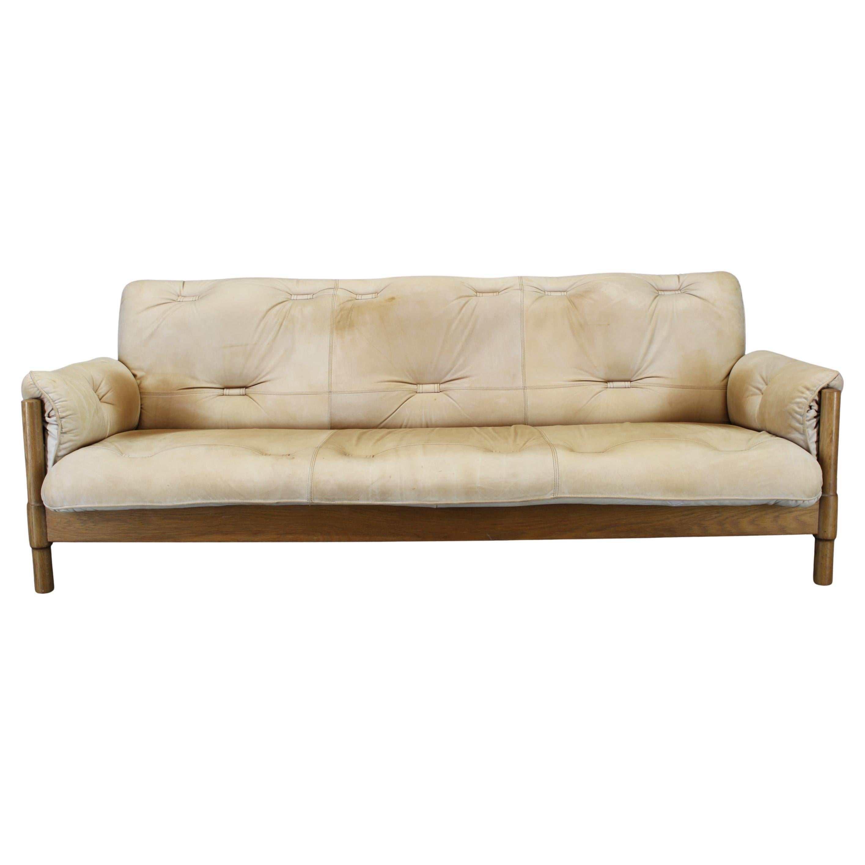 1960s Oak Scandinavian 3-Seater Sofa in Fine Leather Upholstery