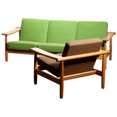 Vintage 1960s, Oak Sofa and Lounge Chair or Living Room Set from Denmark