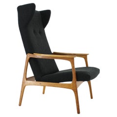 1960s Oak Wing Chair in Bouclé Upholstery, Czechoslovakia