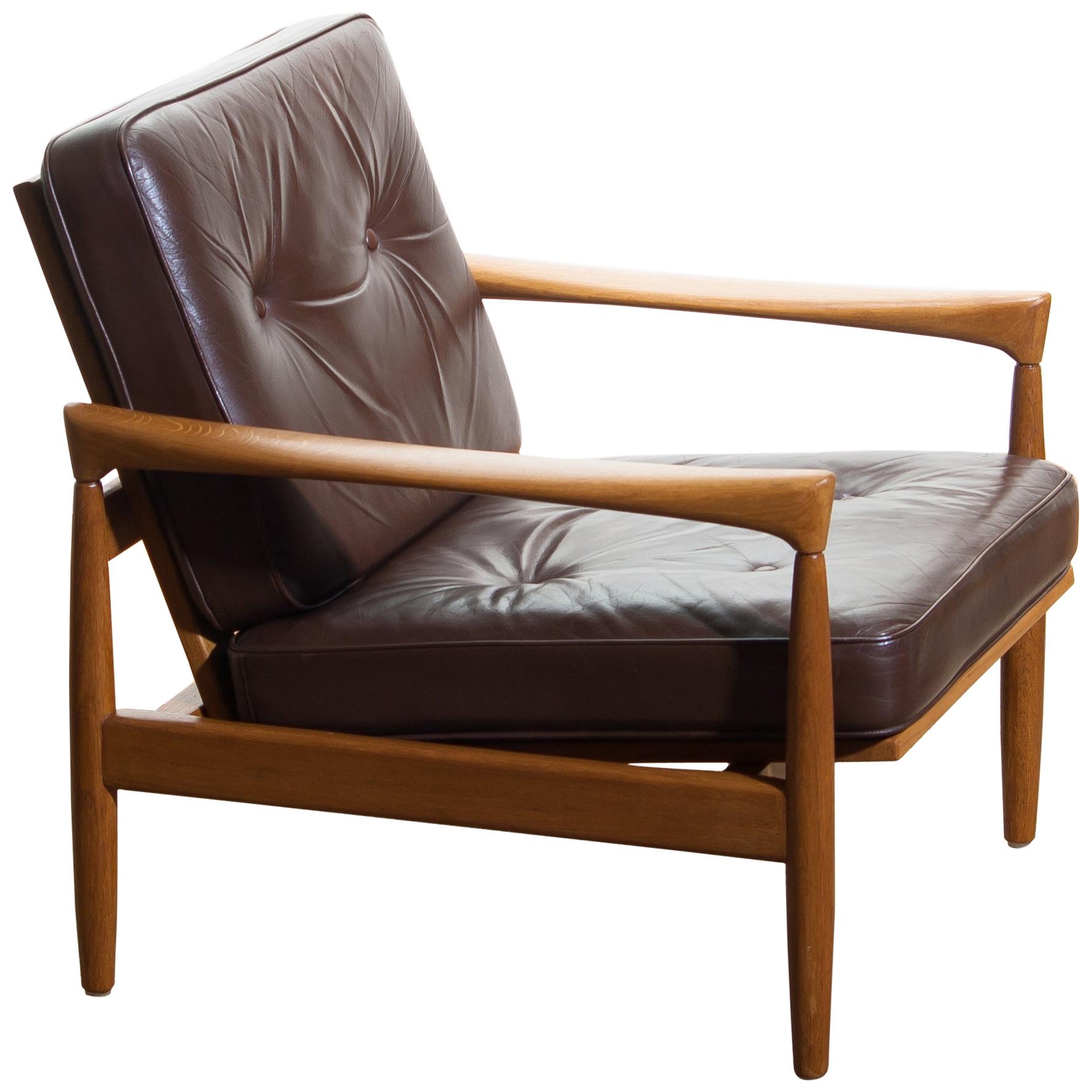 Mid-Century Modern 1960s, Oak With Brown Leather Lounge Chair by Erik Wörtz for Bröderna Anderssons