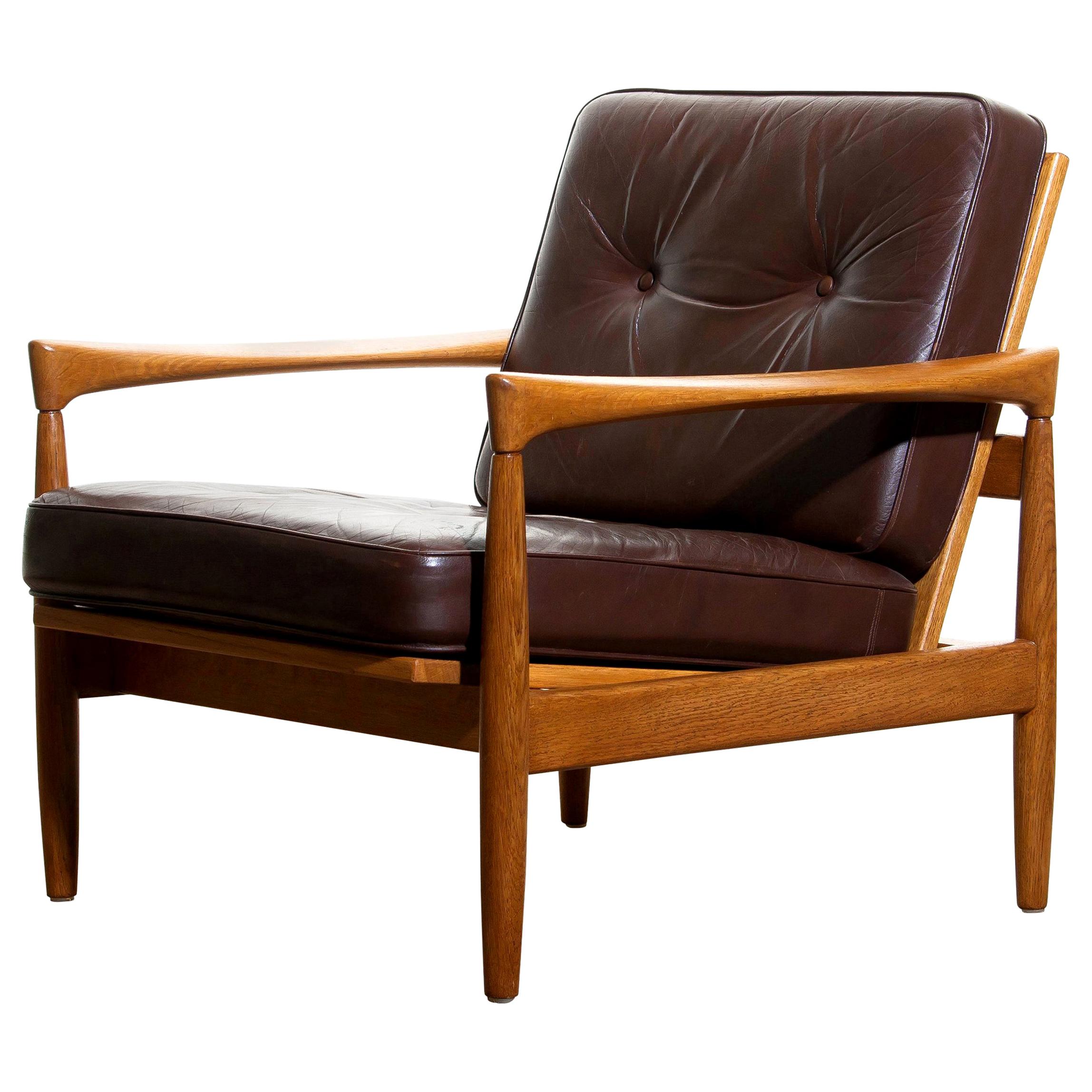 1960s, Oak With Brown Leather Lounge Chair by Erik Wörtz for Bröderna Anderssons