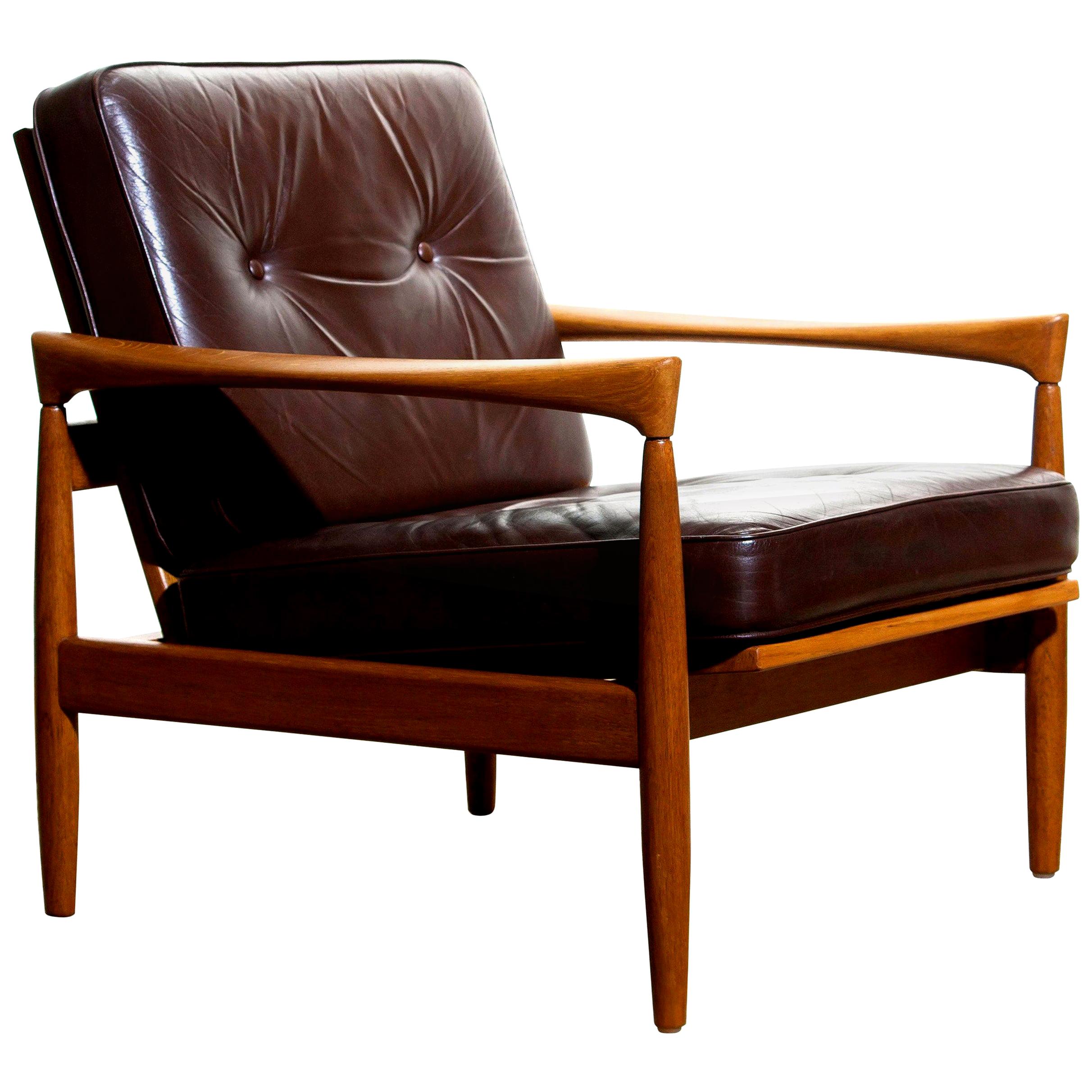 1960s, Oak with Brown Leather Lounge Chair by Erik Wörtz for Bröderna Anderssons