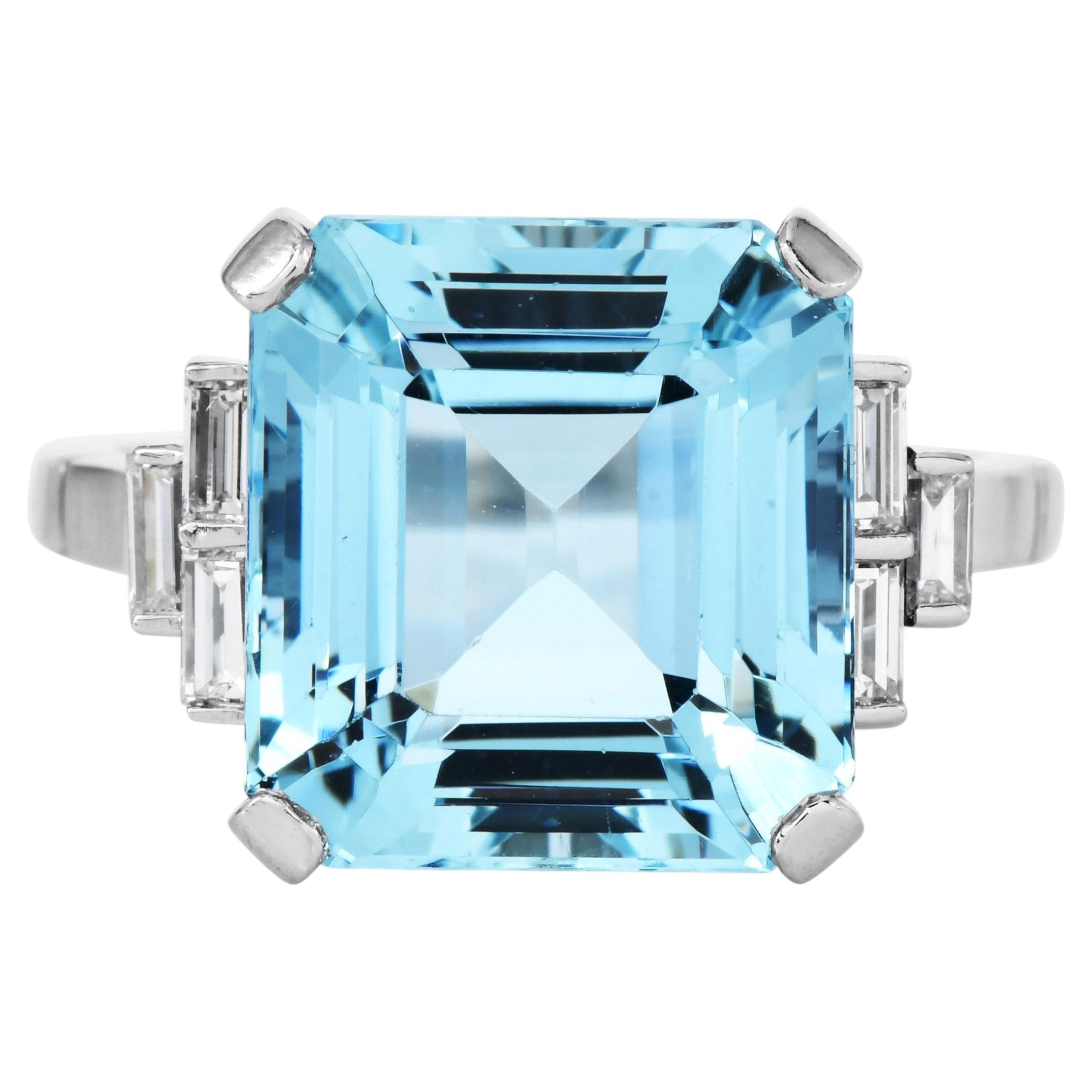 Anello da cocktail in platino con diamanti e acquamarina blu da 9,71 carati, stile anni ’60, Ocean