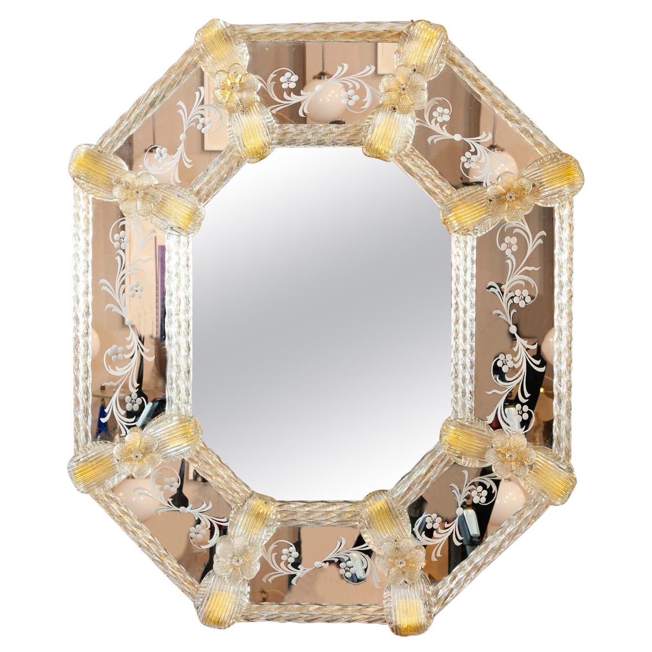 1960s Octagonal Italian Murano Venetian Floral Gold-Flecked Etched Wall Mirror