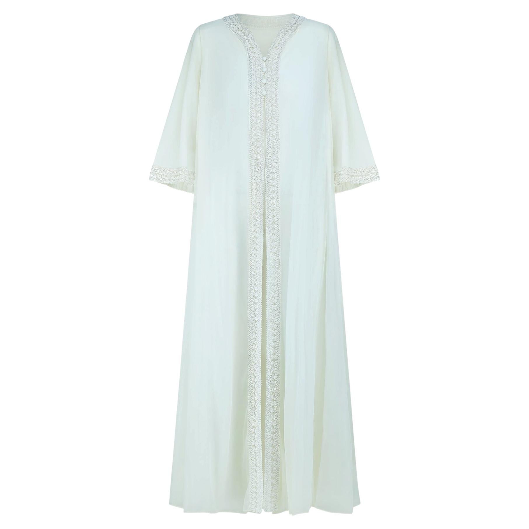 1960s Off-White Chiffon Angel Sleeve Negligee with Tonal Braidwork For Sale