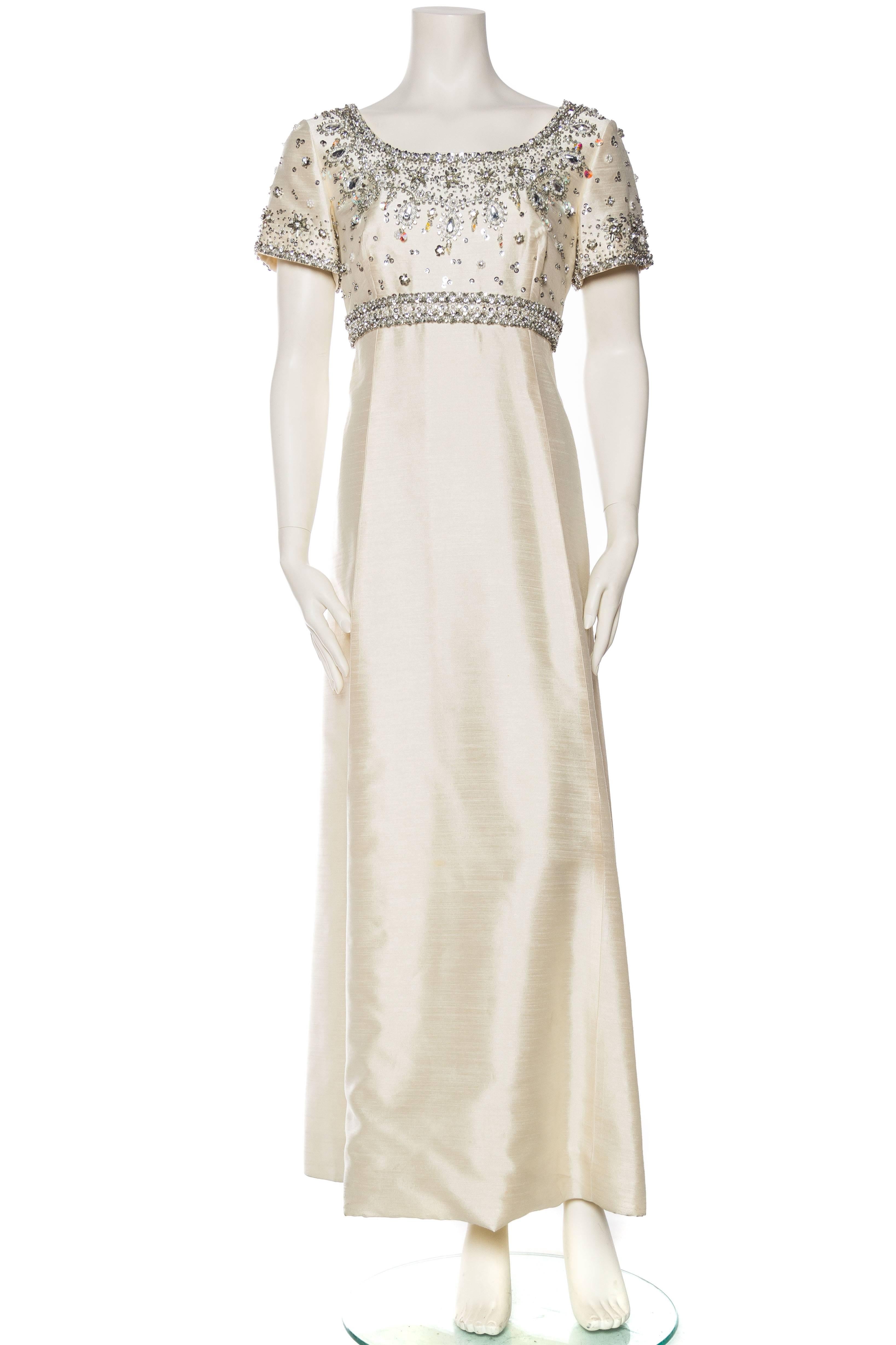 1960S Off White Silk Blend Radzimir Crystal Beaded Jackie O Style Mod Empire Waist Gown