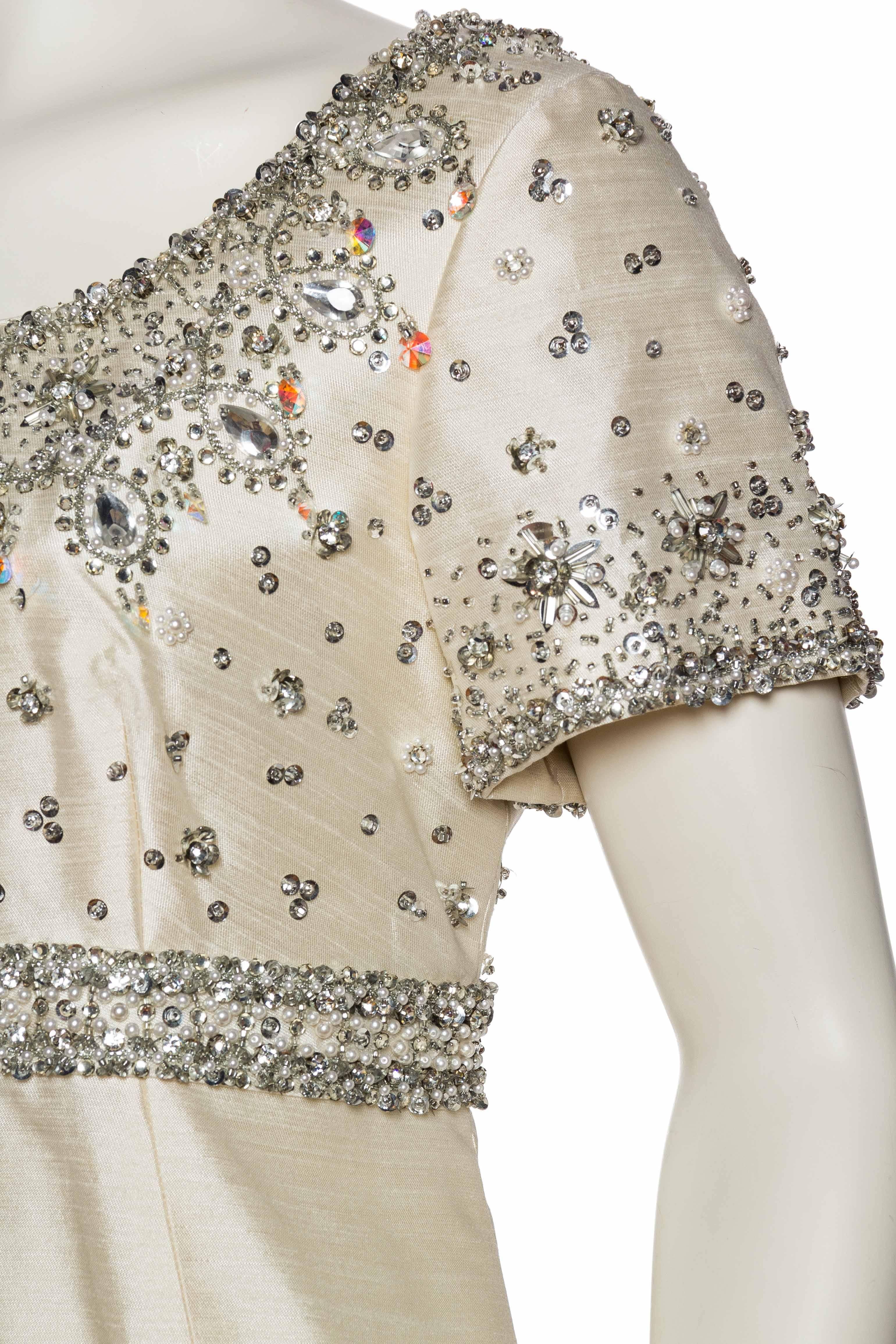 Women's 1960S Off White Silk Blend Radzimir Crystal Beaded Jackie O Style Mod Empire Wa For Sale