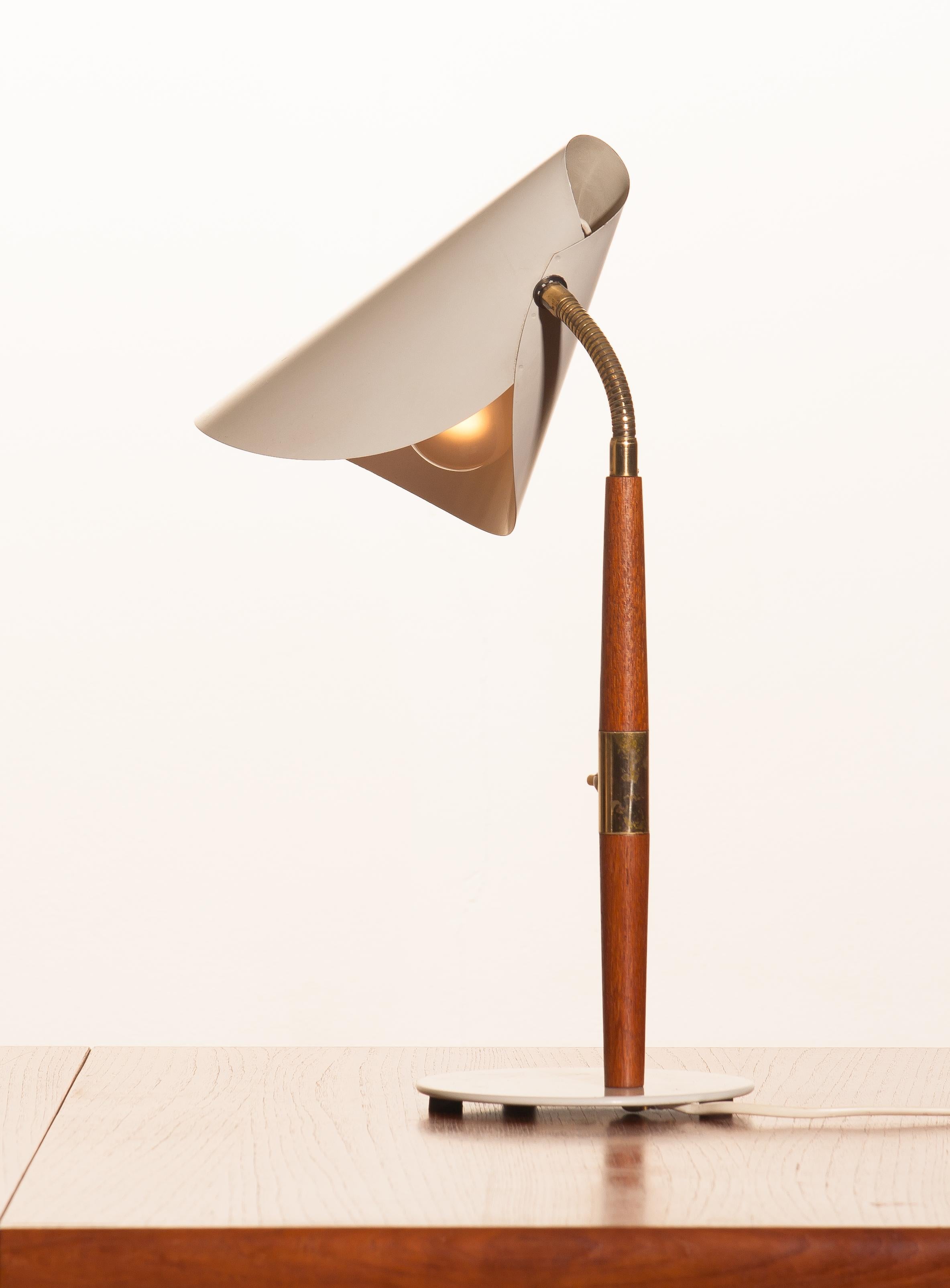 Swedish 1960s, Off White with Teak and Brass Elements Desk or Table Lamp by Karlskrona