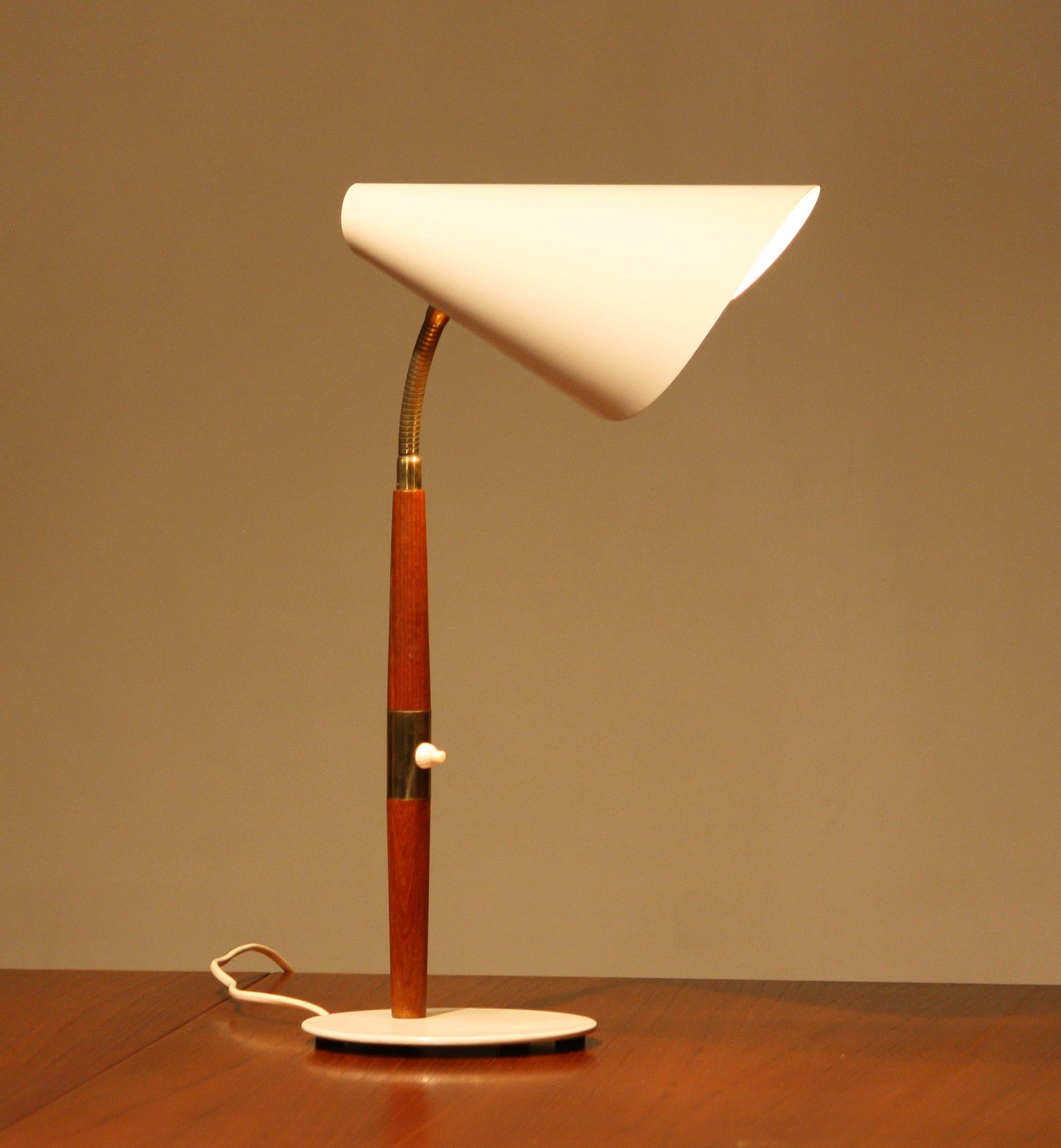Mid-20th Century 1960s, Off White with Teak and Brass Elements Desk or Table Lamp by Karlskrona