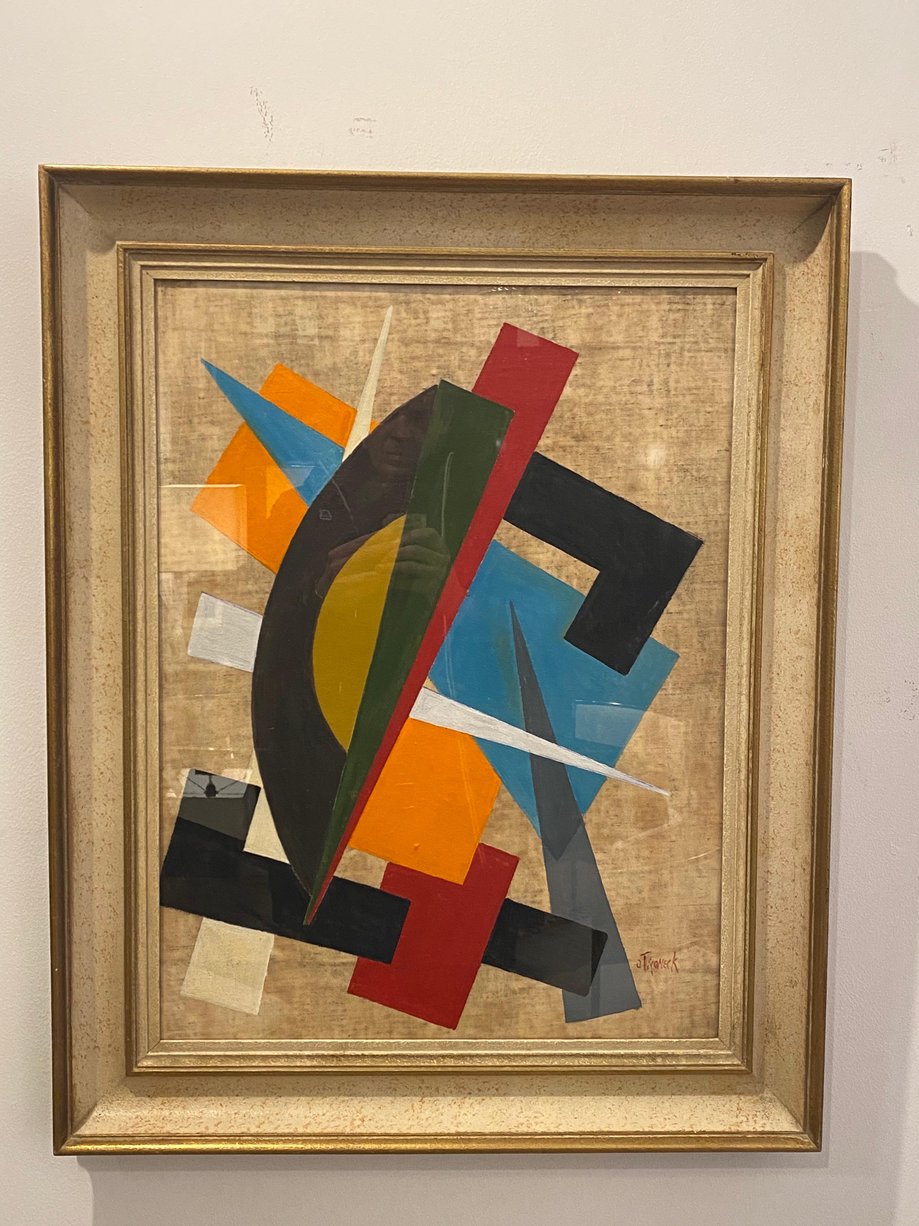 Oscar Troneck constructivism oil on canvas.
Original wood frame with gold finished and glass, circa 1960-1970
Good vintage condition.