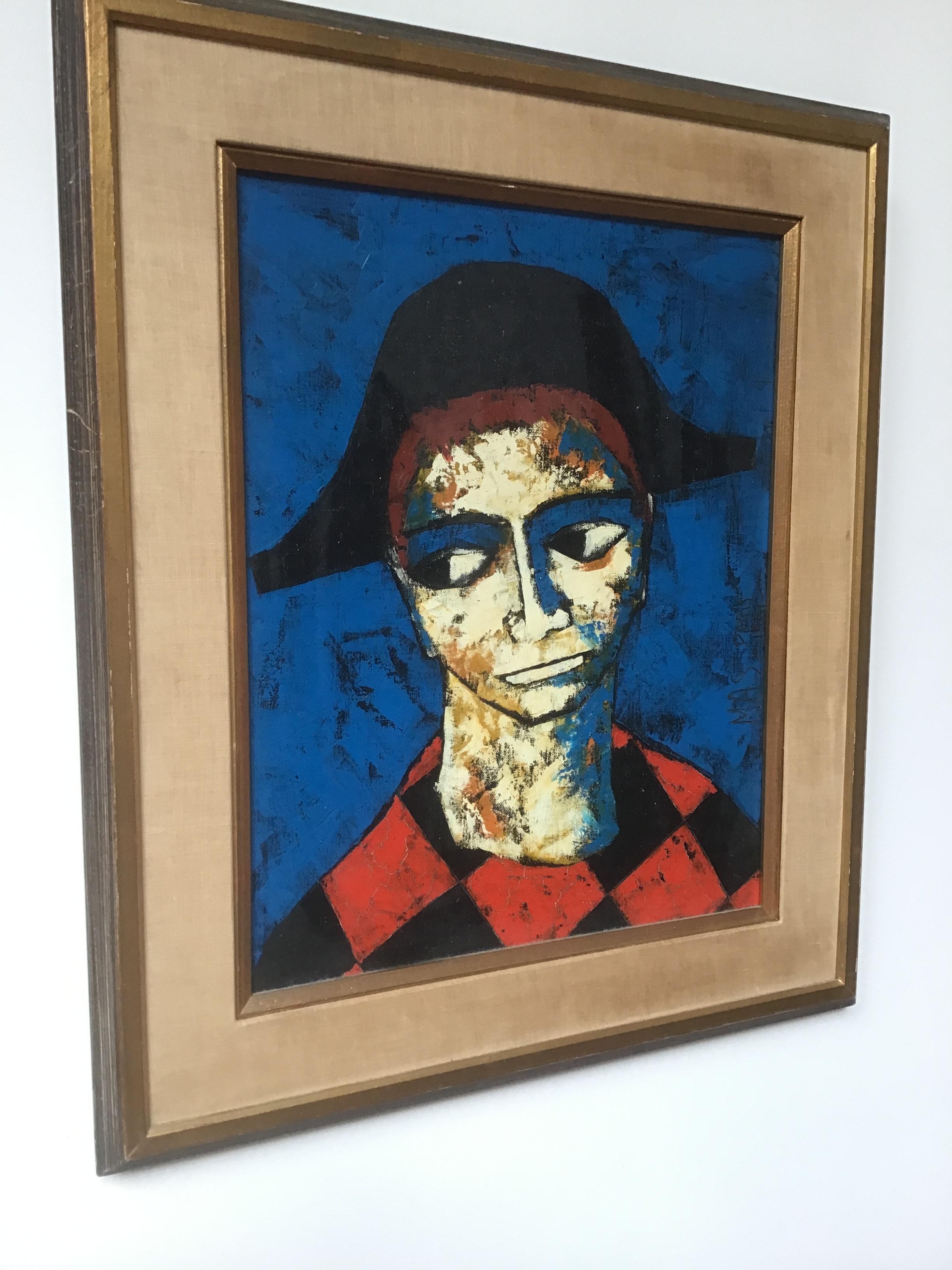 1960s oil on canvas of a harlequin by Pierre Mas.
