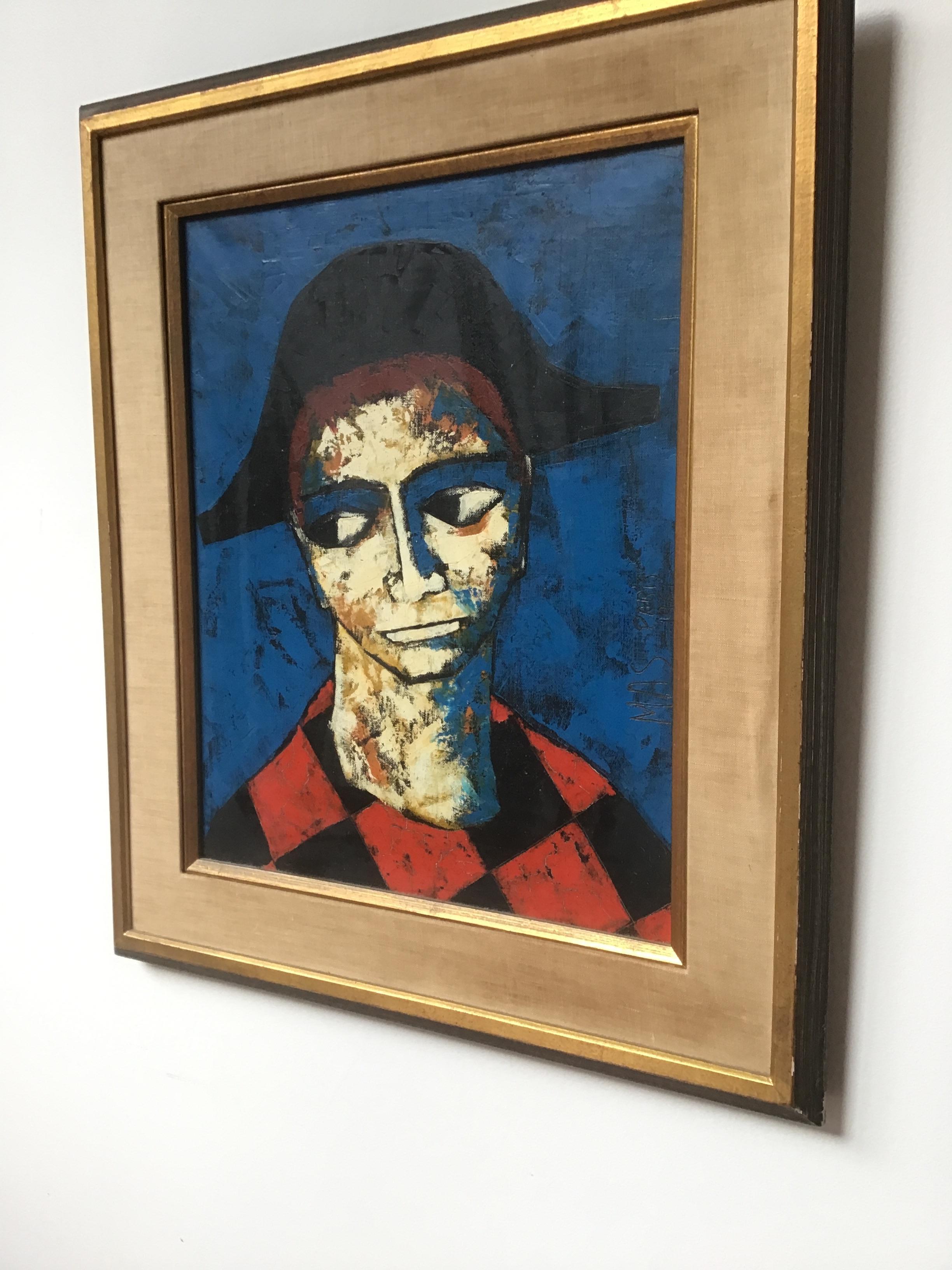 1960s Oil on Canvas of a Harlequin by Pierre Mas In Good Condition For Sale In Tarrytown, NY