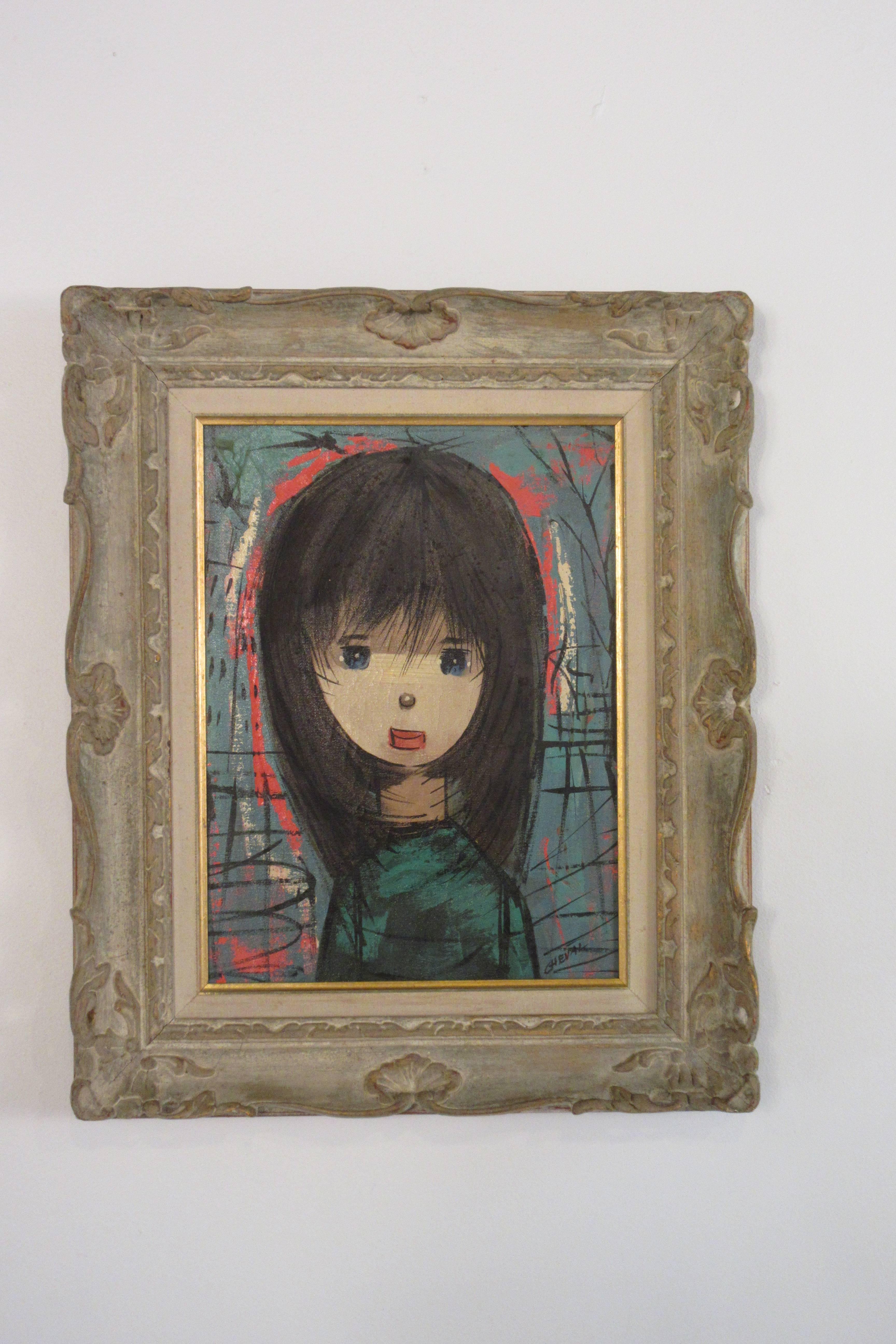 1960s oil on canvas young girl with original carved wood frame.