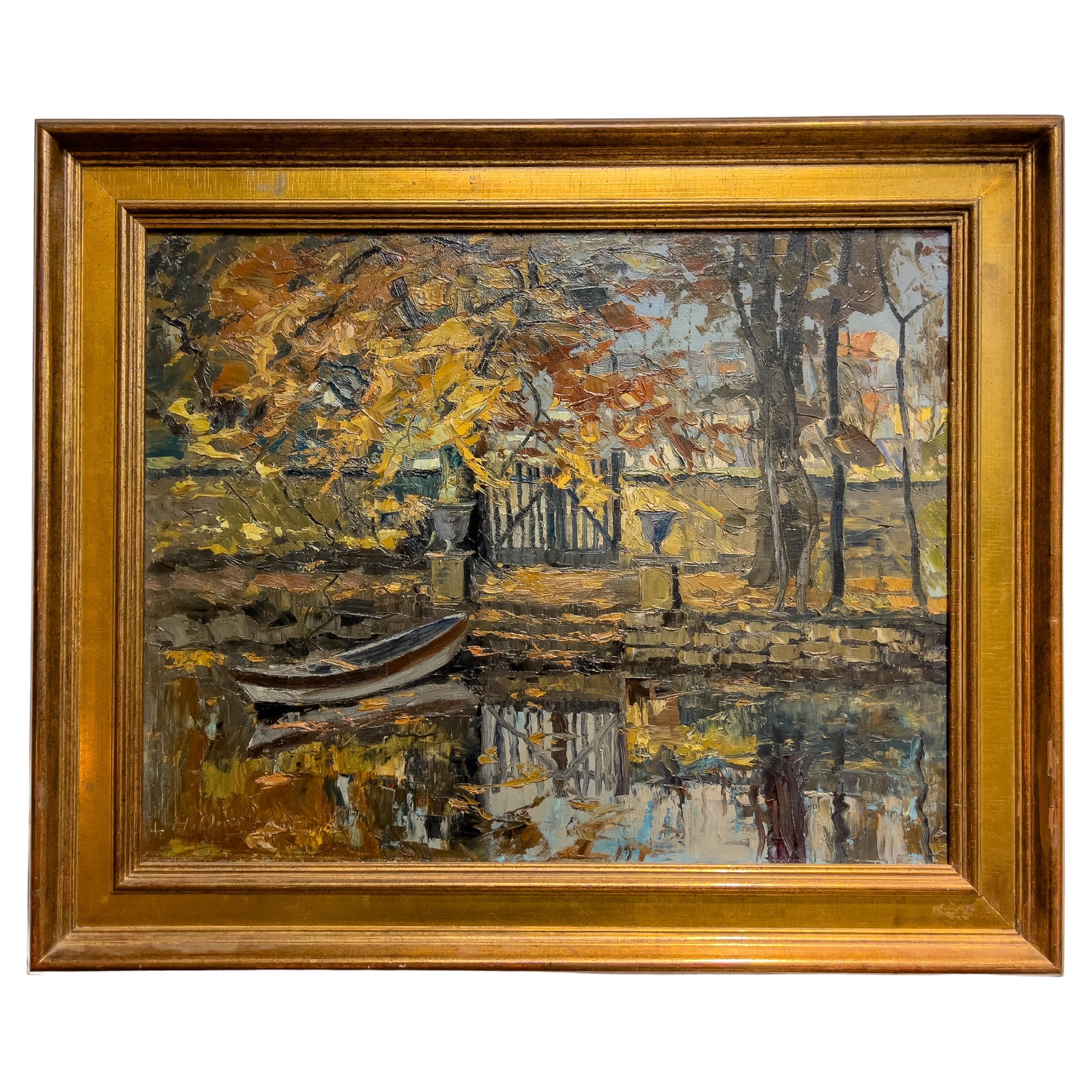 Peinture à l'huile sur toile des années 1960 "Fall Reflections" (Reflets d'automne)