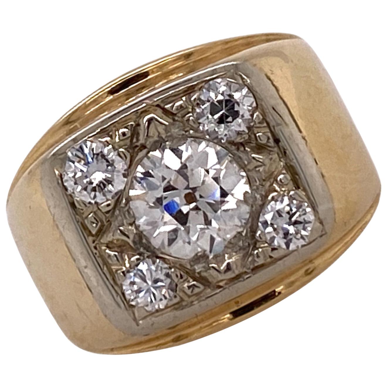1960er Jahre 14 Karat Gelbgold Vintage-Ring mit Diamant im alteuropäischen Schliff
