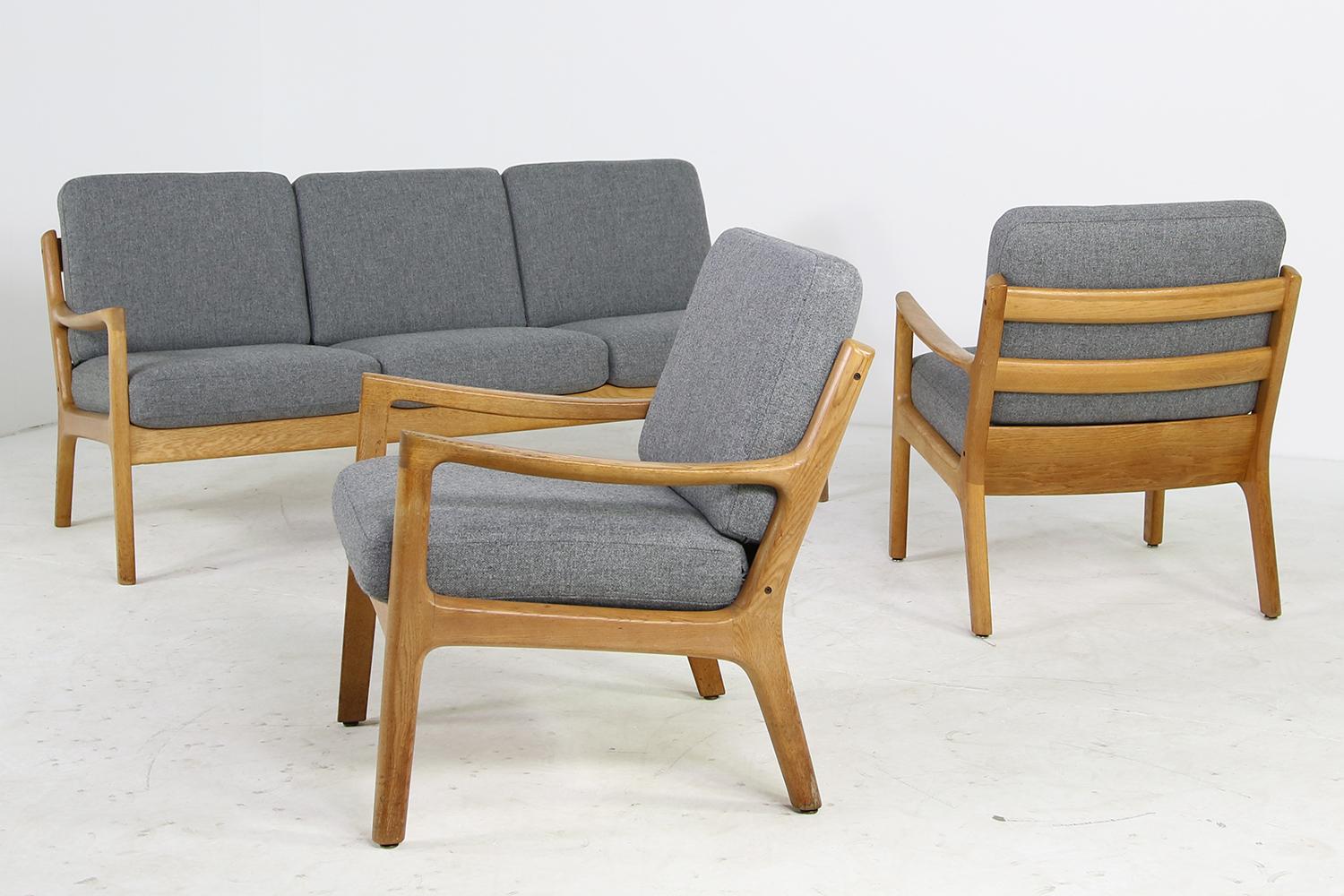 Fabric 1960s Ole Wanscher Oak Sofa, New Upholstery in Grey, Danish Modern, Midcentury