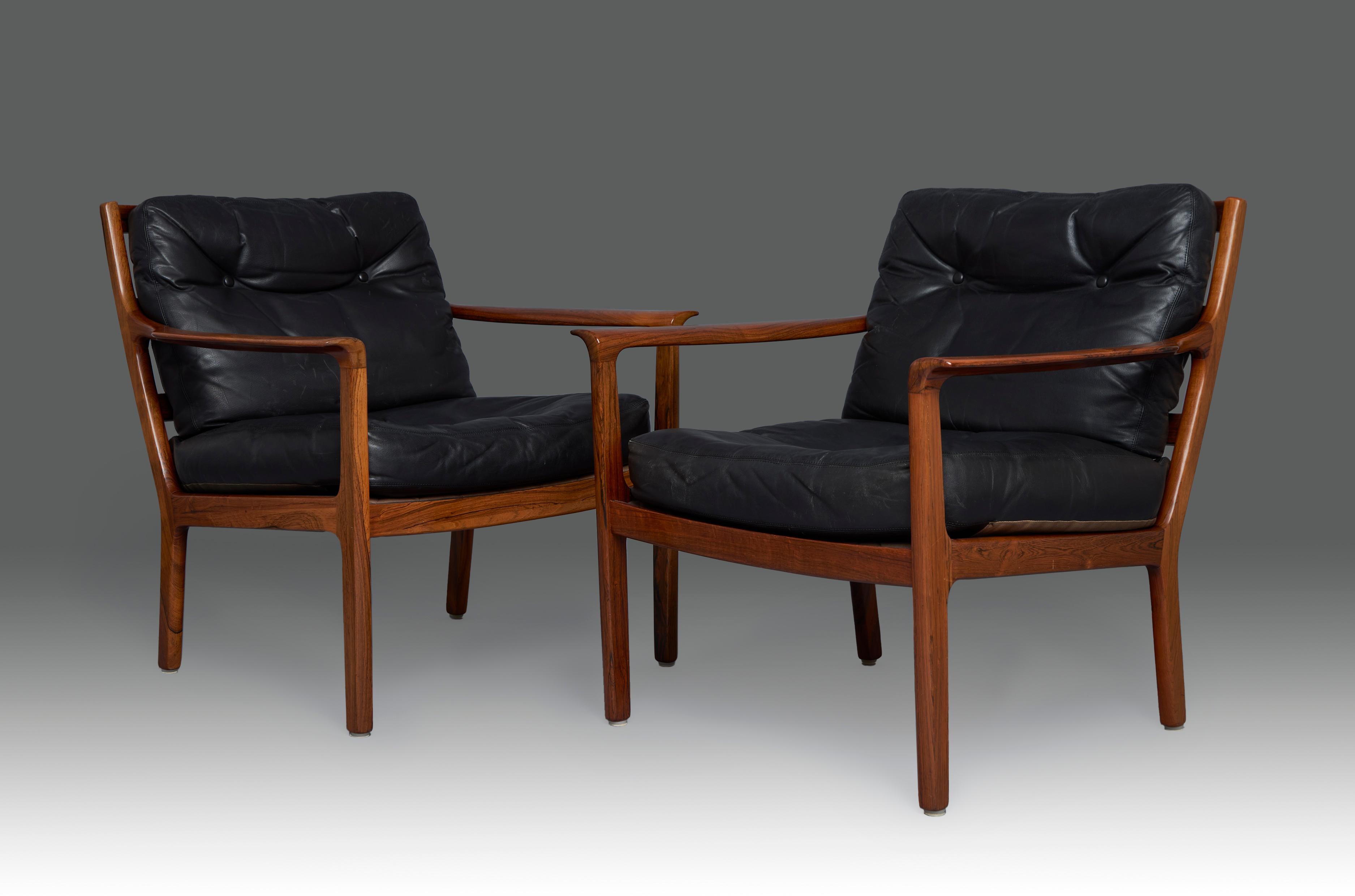 Danish 1960'S Ole Wanscher Pair of Easy Chairs in Leather and Rosewood