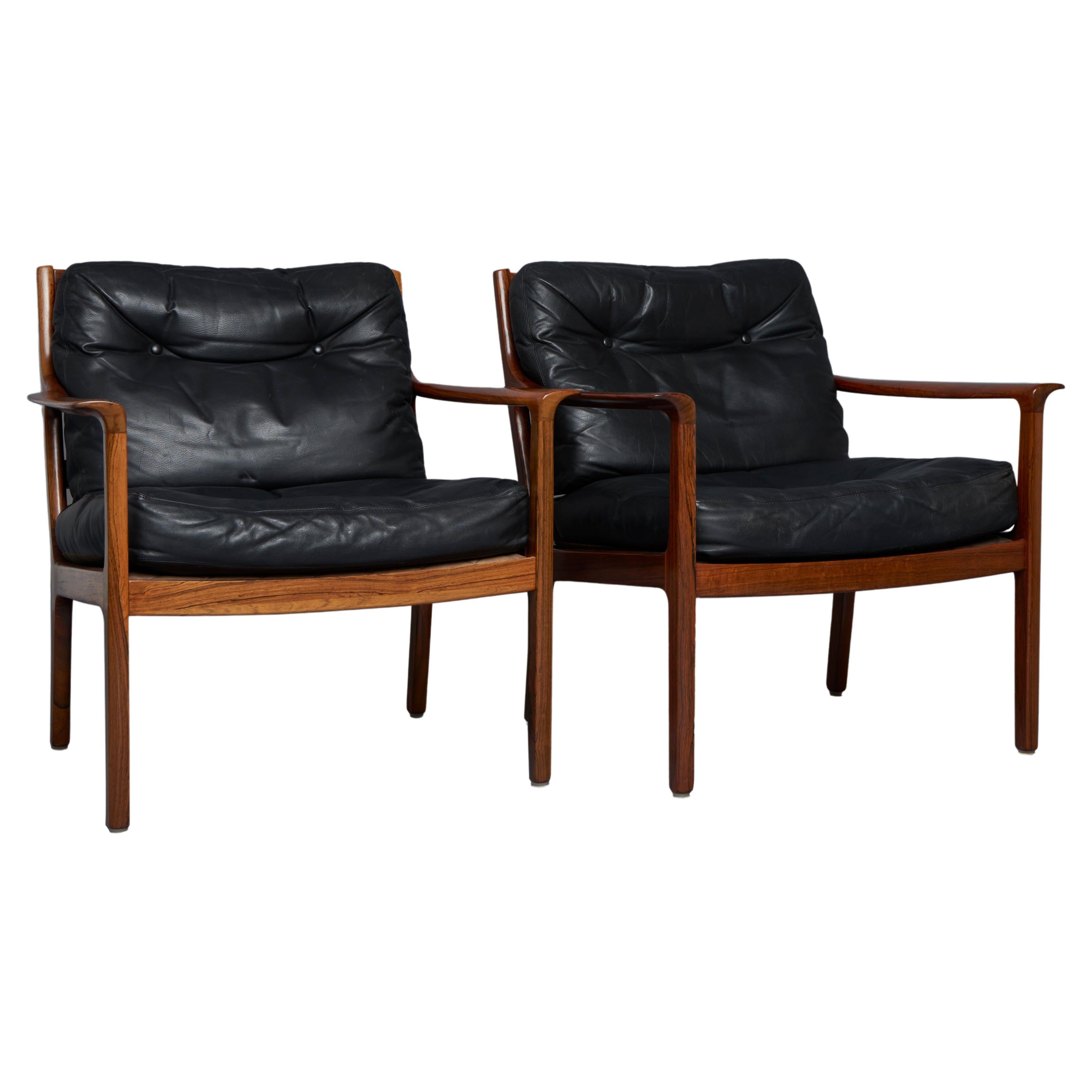 1960'S Ole Wanscher Pair of Easy Chairs in Leather and Rosewood