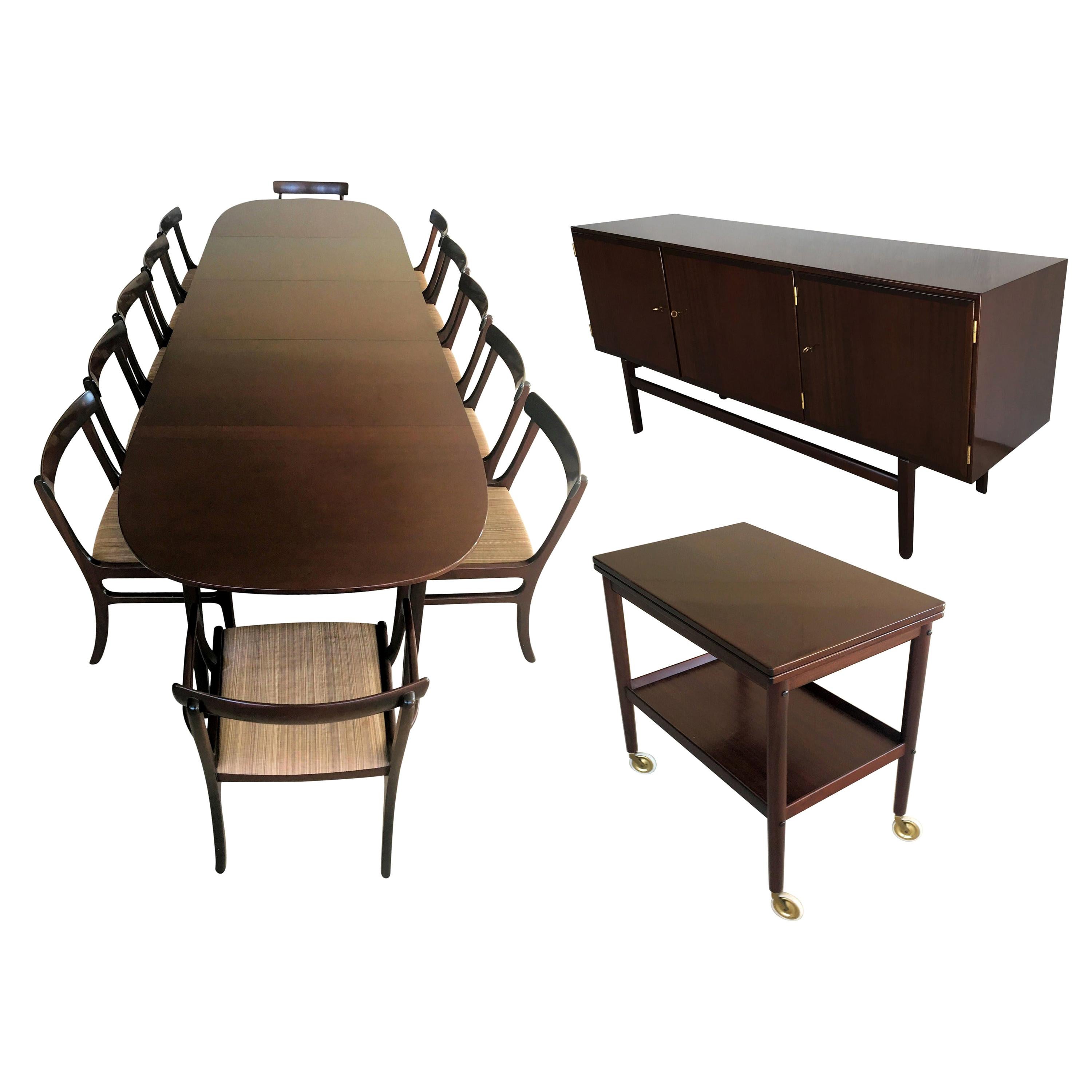 1960s Ole Wanscher Set of Dining Table, Sideboard, Side Table and 12 Chairs For Sale