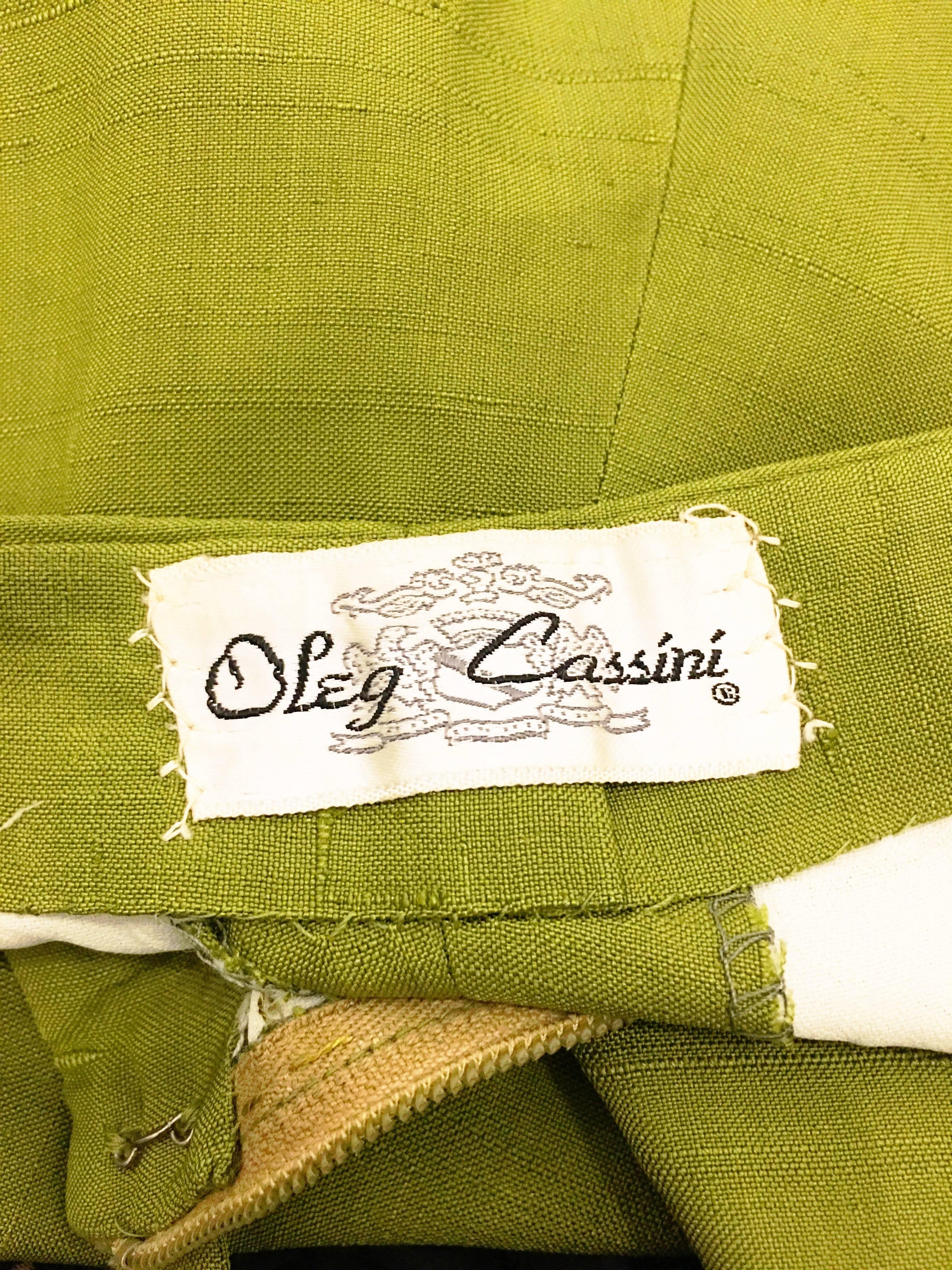 1960s Oleg Cassini High Waist Green Linen Slacks 1