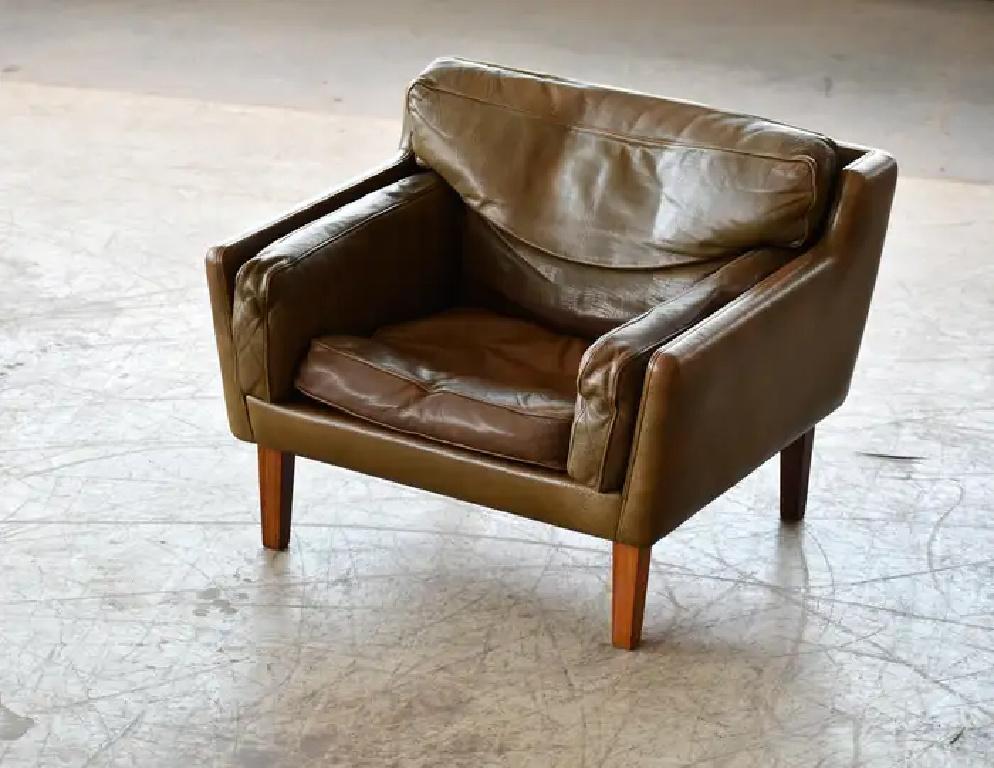 Mid-Century Modern 1960's Olive Brown Leather Lounge Chair with Ottoman by Illum Wikkelsø For Sale