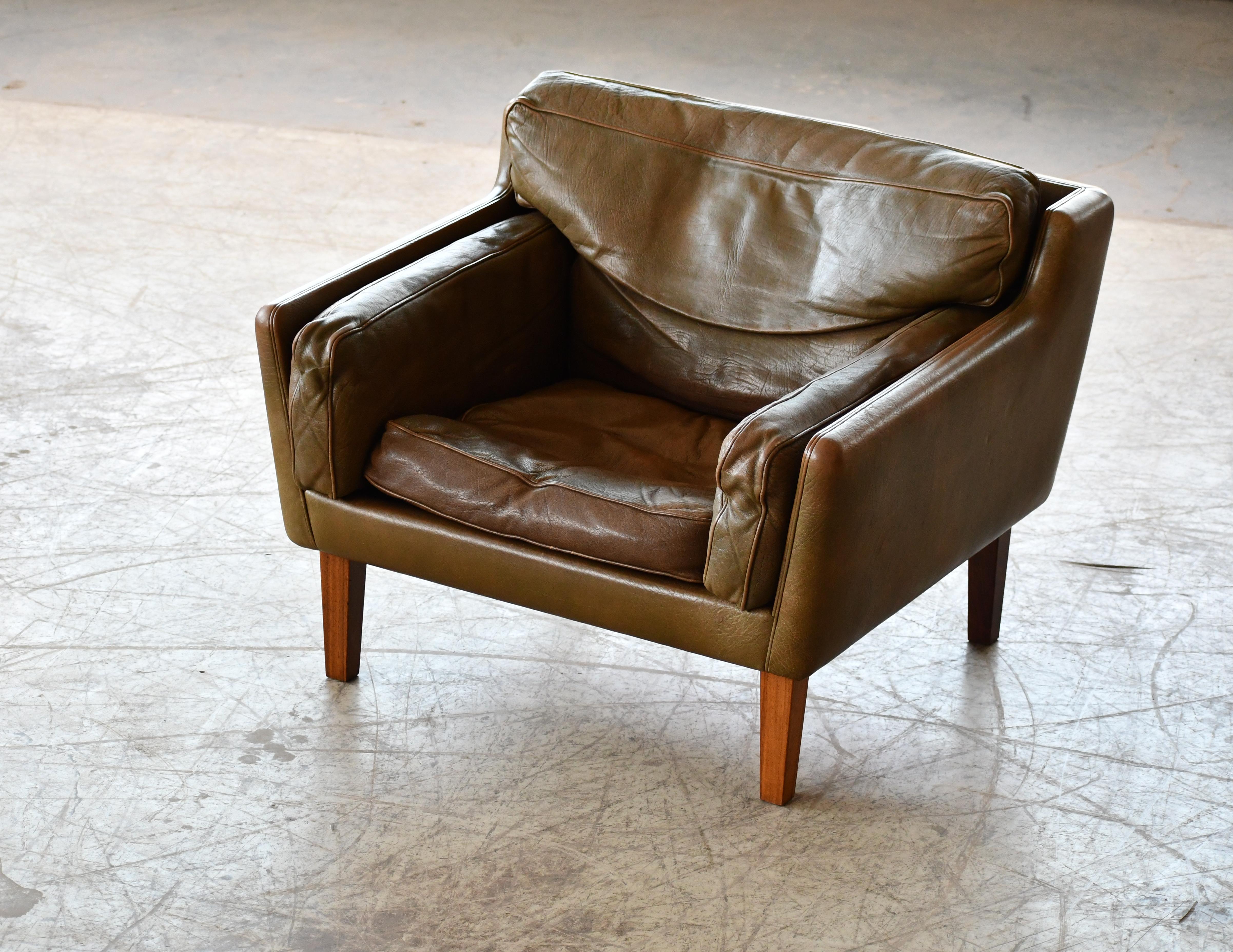 Danish 1960's Olive Brown Leather Lounge Chair with Ottoman by Illum Wikkelsø