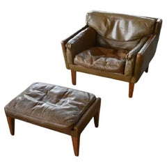 1960's Olive Brown Leder Sessel mit Ottomane von Illum Wikkelsø