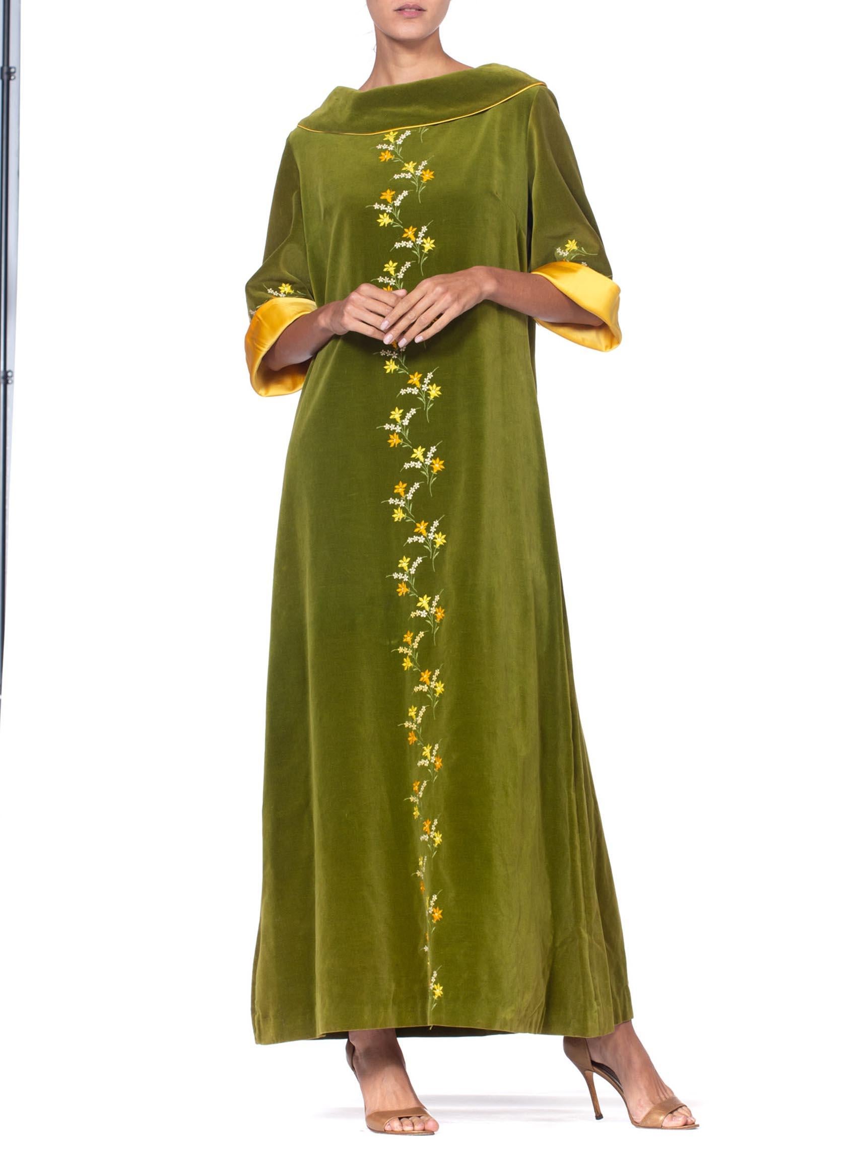 1960S Olive Green Cotton Velvet House Dress With Yellow Floral Embroidery & Satin Trim