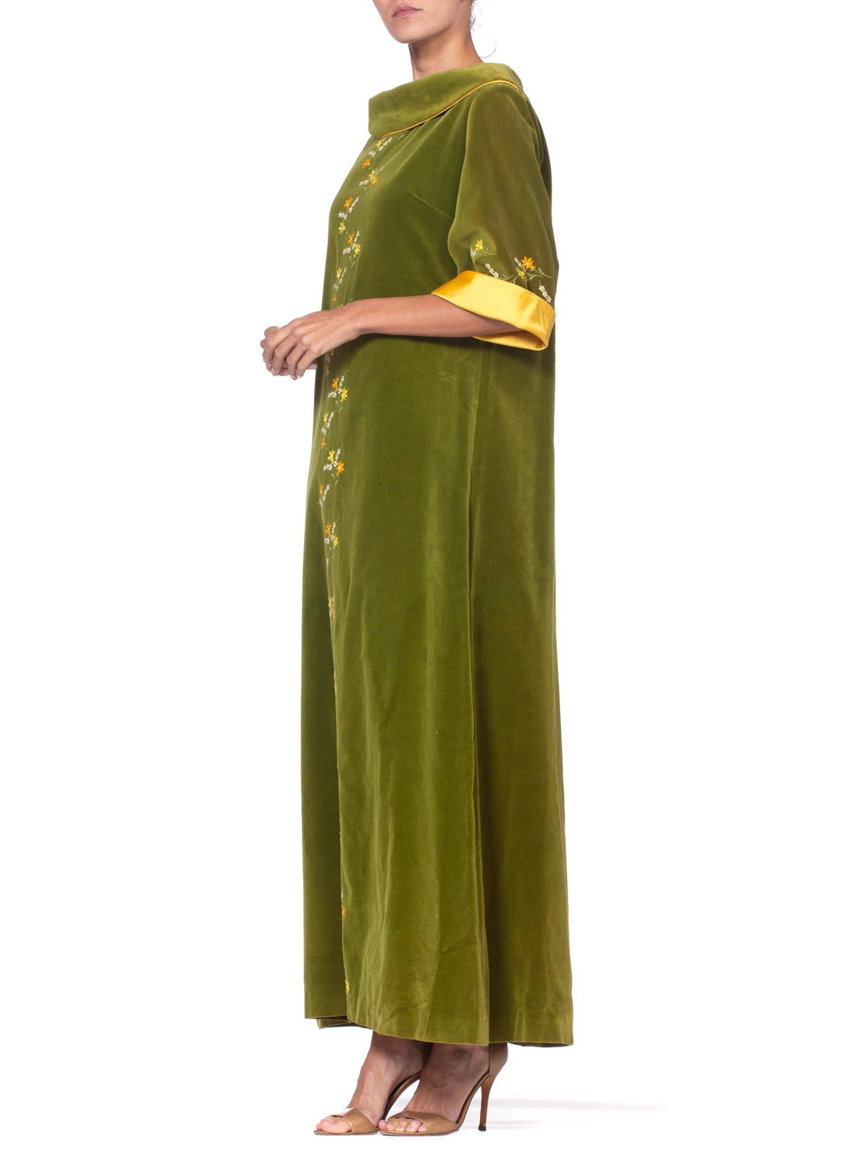 Brown 1960S Olive Green Cotton Velvet House Dress With Yellow Floral Embroidery & Sat