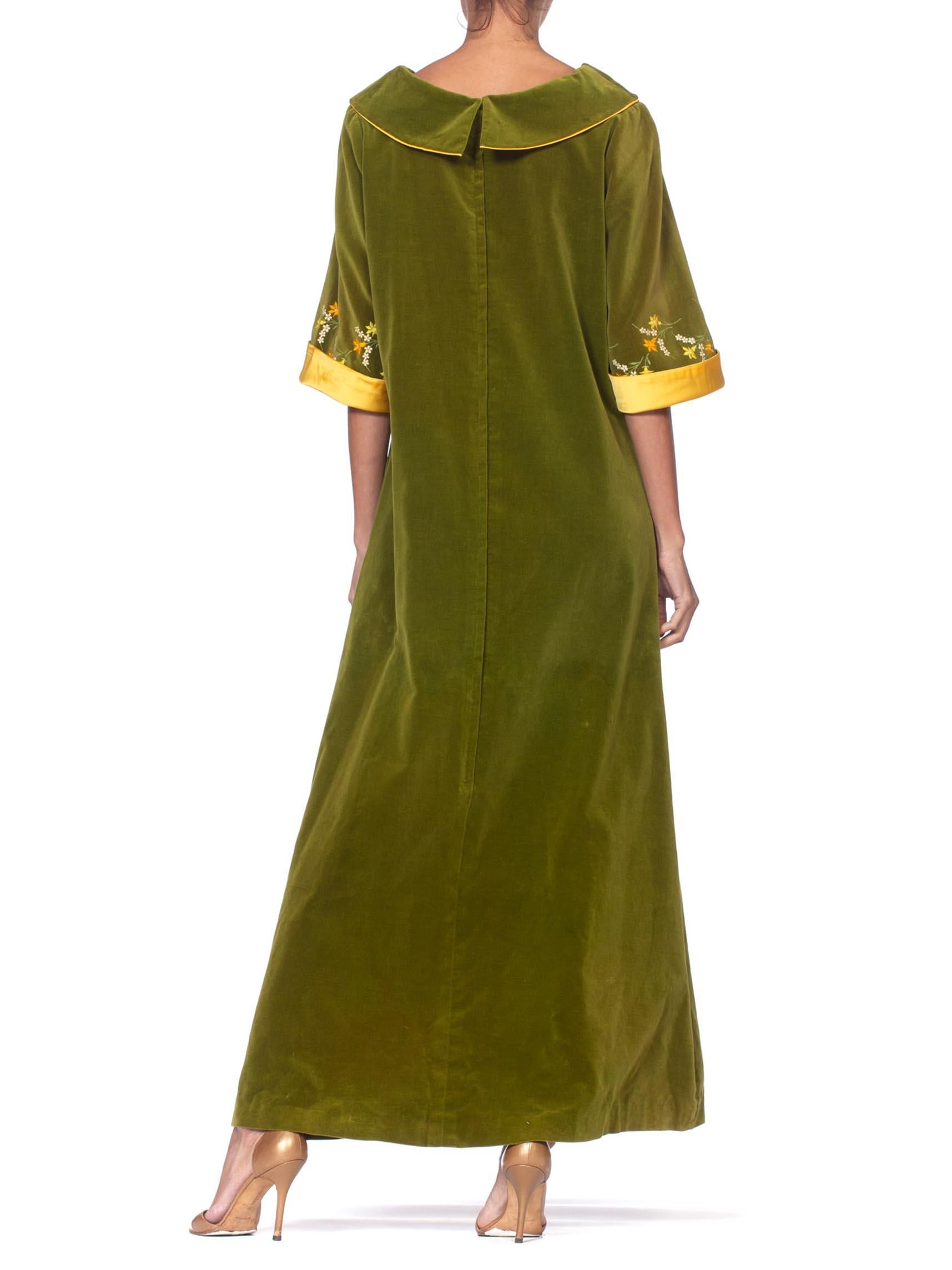 1960S Olive Green Cotton Velvet House Dress With Yellow Floral Embroidery & Sat 1