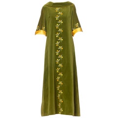 1960S Olive Green Cotton Velvet House Dress With Yellow Floral Embroidery & Sat