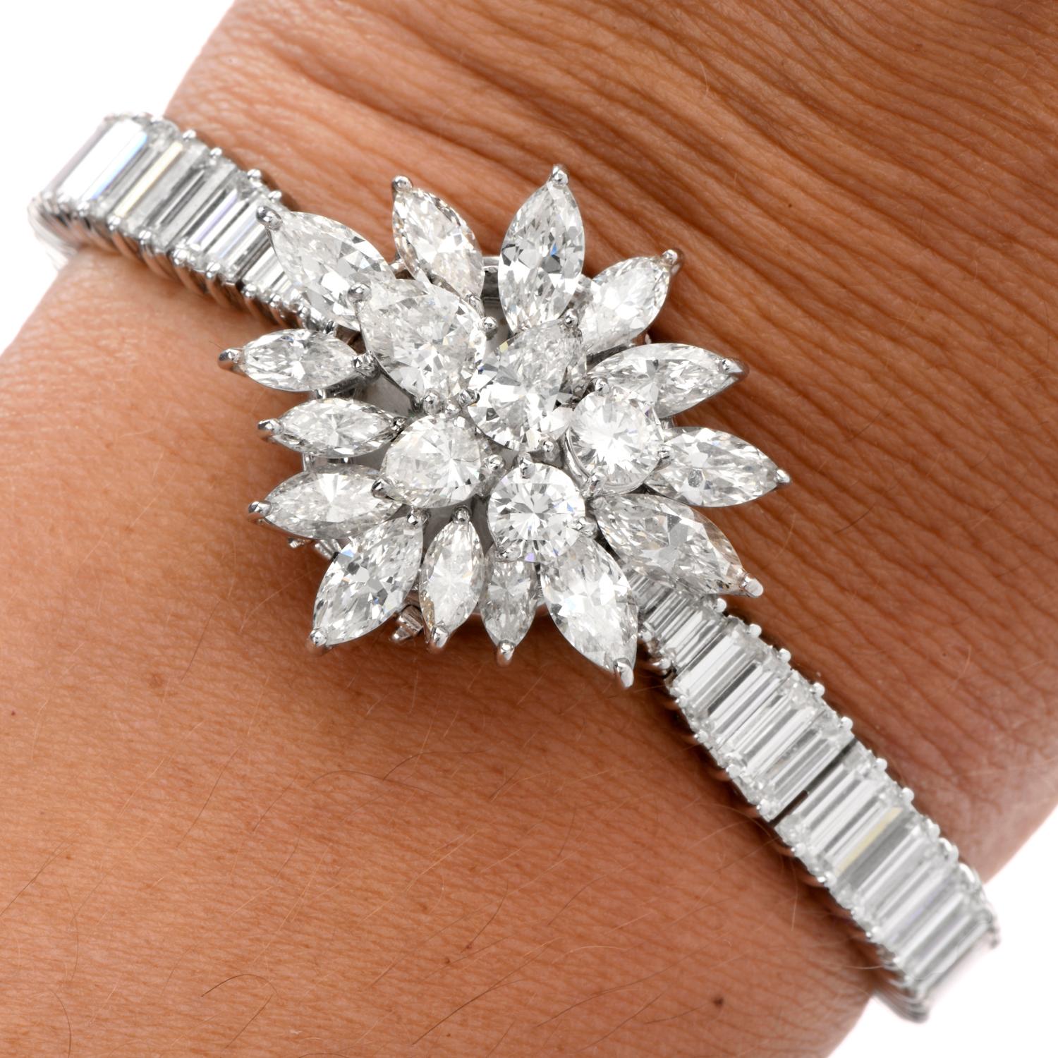 This Exquisite Rare Diamond coverd Omega watch was inspired with a Floral motif and crafted in luxurious Platinum. Anchoring the center of this piece is a hidden Omega watch with an Ivory dial and markers adorned with a Diamond cover of the Floral