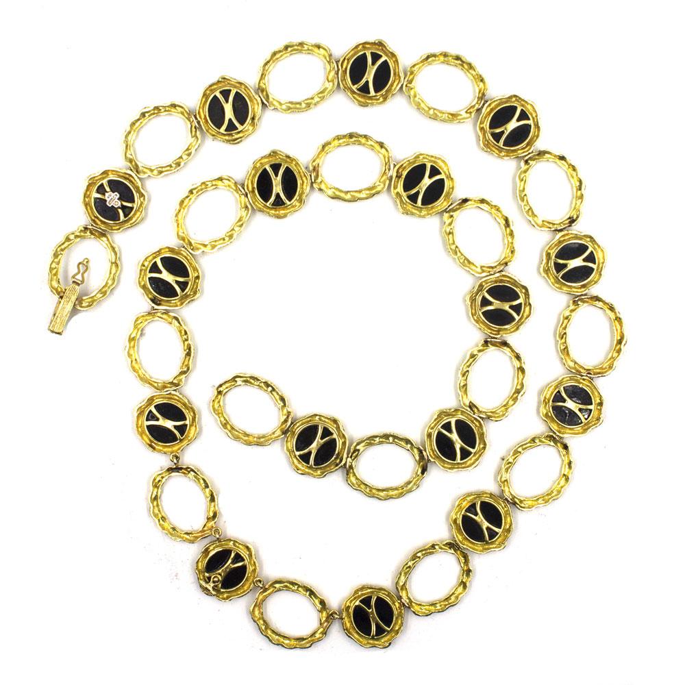 Modern 1960s Onyx 18 Karat Yellow Textured Gold Long Link Necklace Signed R. Stone