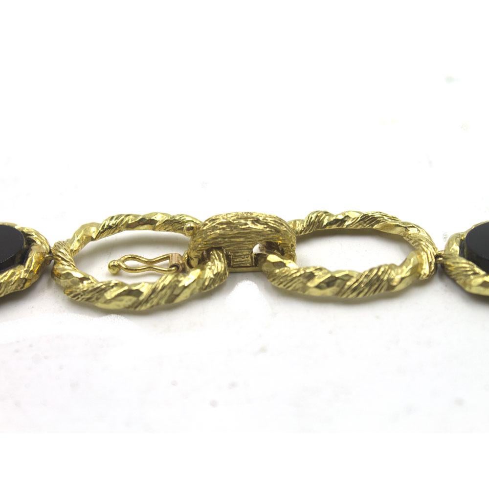 Women's 1960s Onyx 18 Karat Yellow Textured Gold Long Link Necklace Signed R. Stone