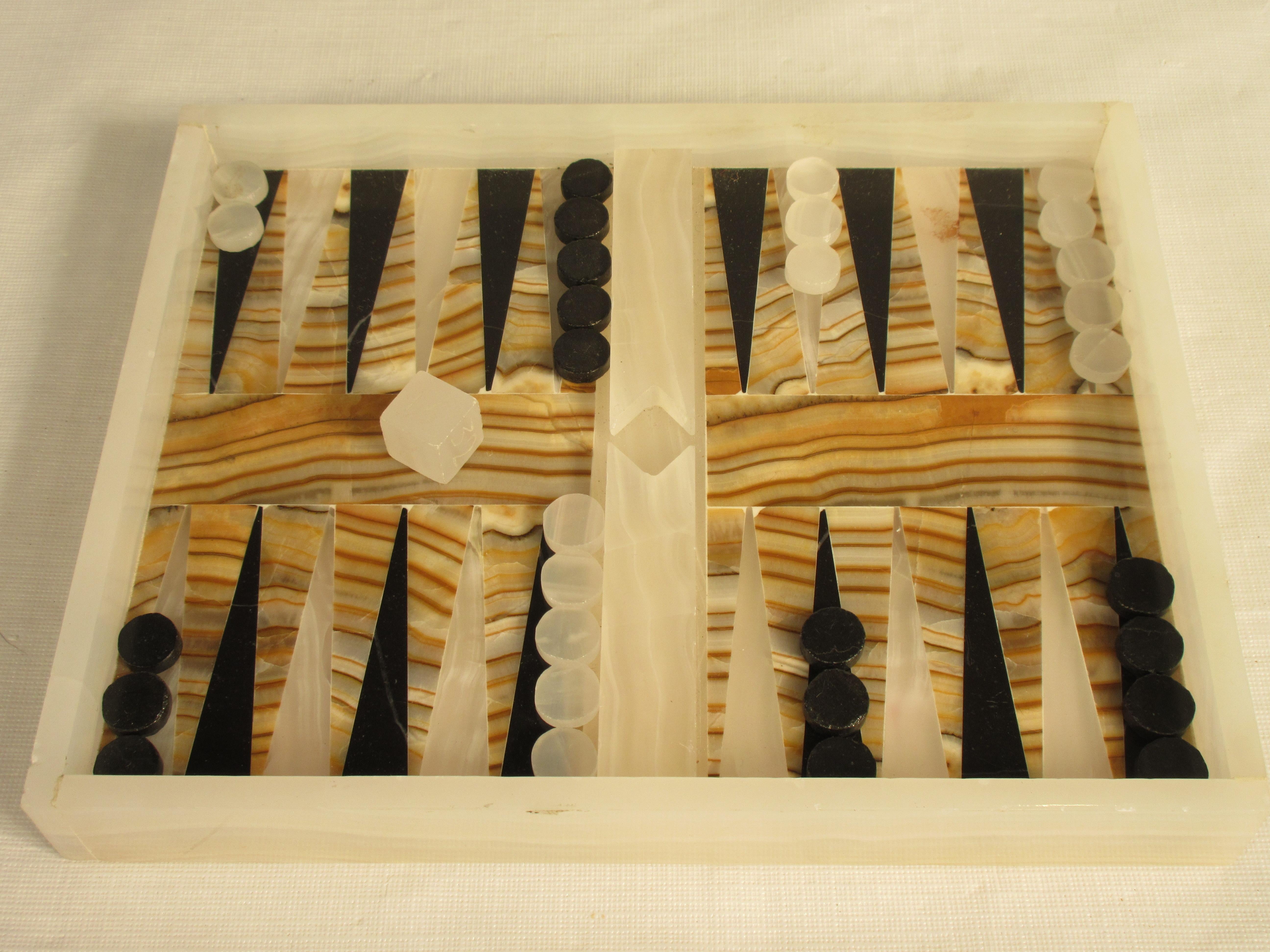 1960s onyx and marble backgammon set. One black piece is missing.