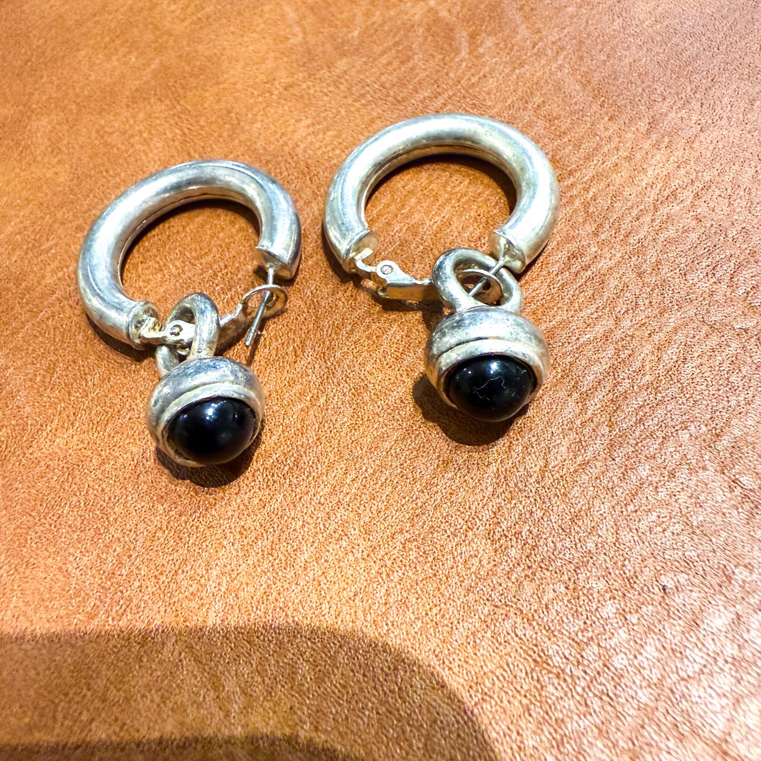 Mid-Century Modern 1960s Onyx Sterling Silver Hoop Earrings For Sale