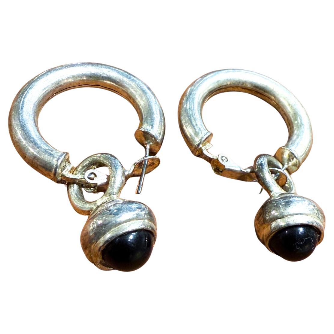 1960s Onyx Sterling Silver Hoop Earrings