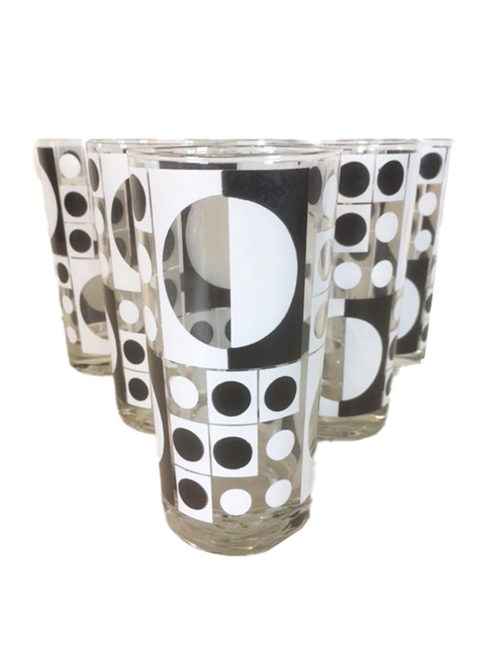 Mid-Century Modern 1960s Op-Art Barware Set, 6 Highball Glasses and Circular Vinyl Caddy by Bartrix For Sale