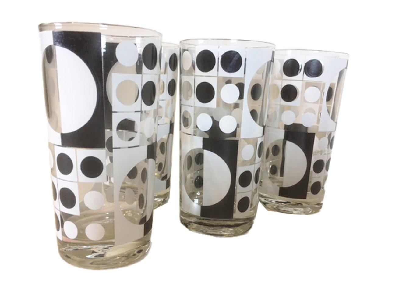 American 1960s Op-Art Barware Set, 6 Highball Glasses and Circular Vinyl Caddy by Bartrix For Sale