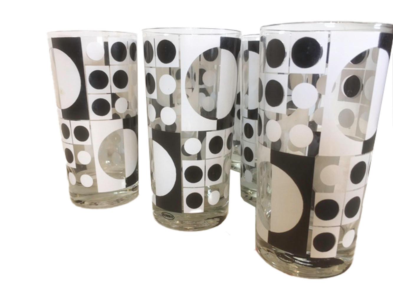 Enameled 1960s Op-Art Barware Set, 6 Highball Glasses and Circular Vinyl Caddy by Bartrix For Sale