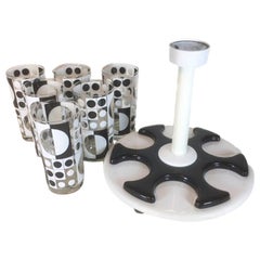 Retro 1960s Op-Art Barware Set, 6 Highball Glasses and Circular Vinyl Caddy by Bartrix