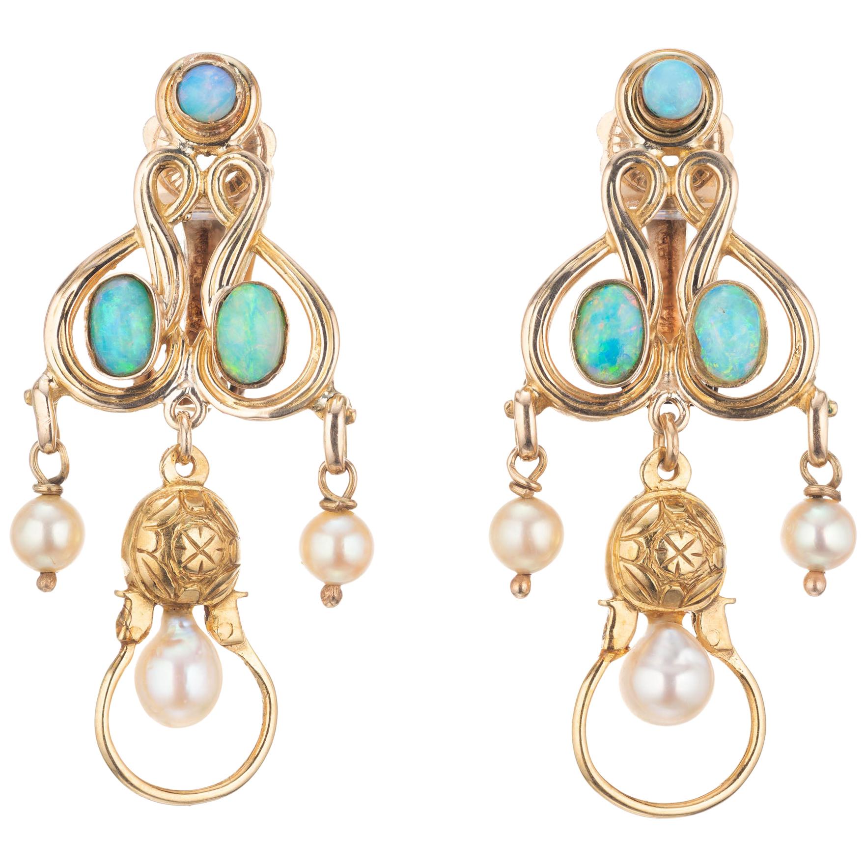 1960s Opal Cultured Pearl Yellow Gold Clip Post Dangle Chandelier Earrings