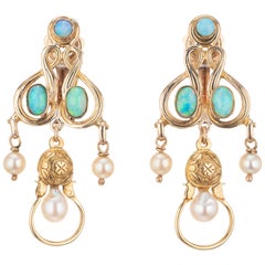 1960s Opal Cultured Pearl Yellow Gold Clip Post Dangle Chandelier Earrings