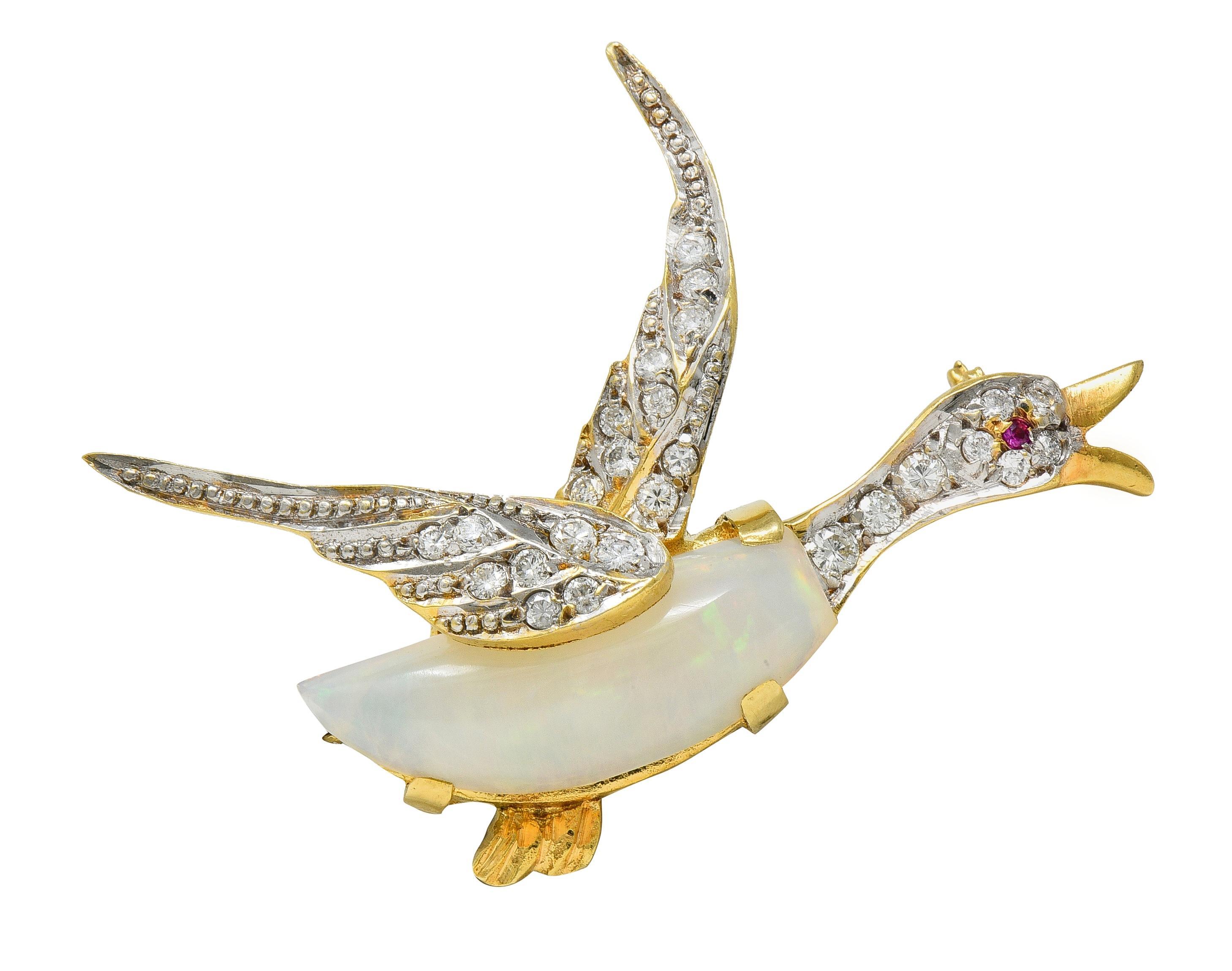 1960's Opal Diamond Ruby Platinum 18 Karat Gold Vintage Goose Bird Brooch For Sale 6