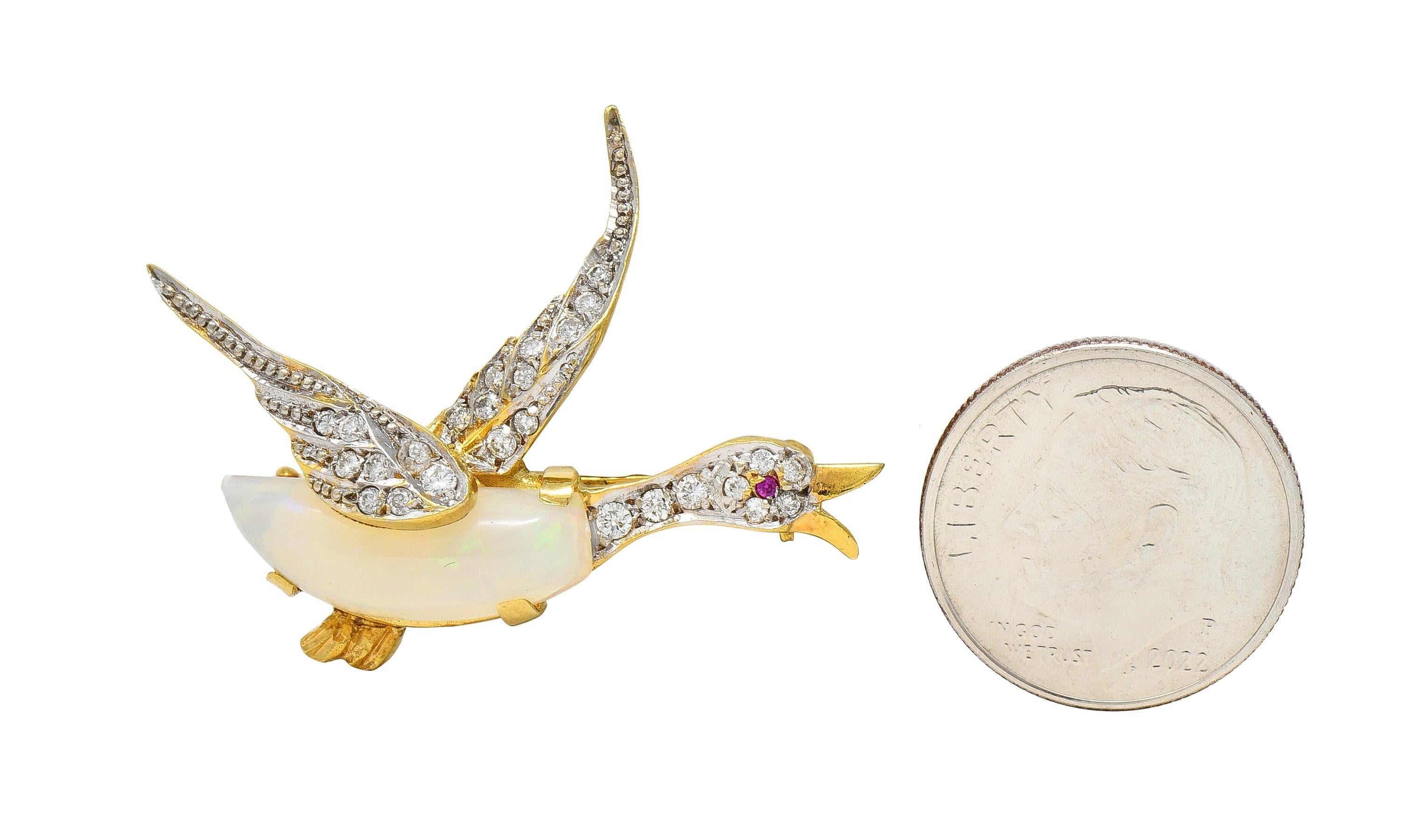 1960's Opal Diamond Ruby Platinum 18 Karat Gold Vintage Goose Bird Brooch For Sale 7