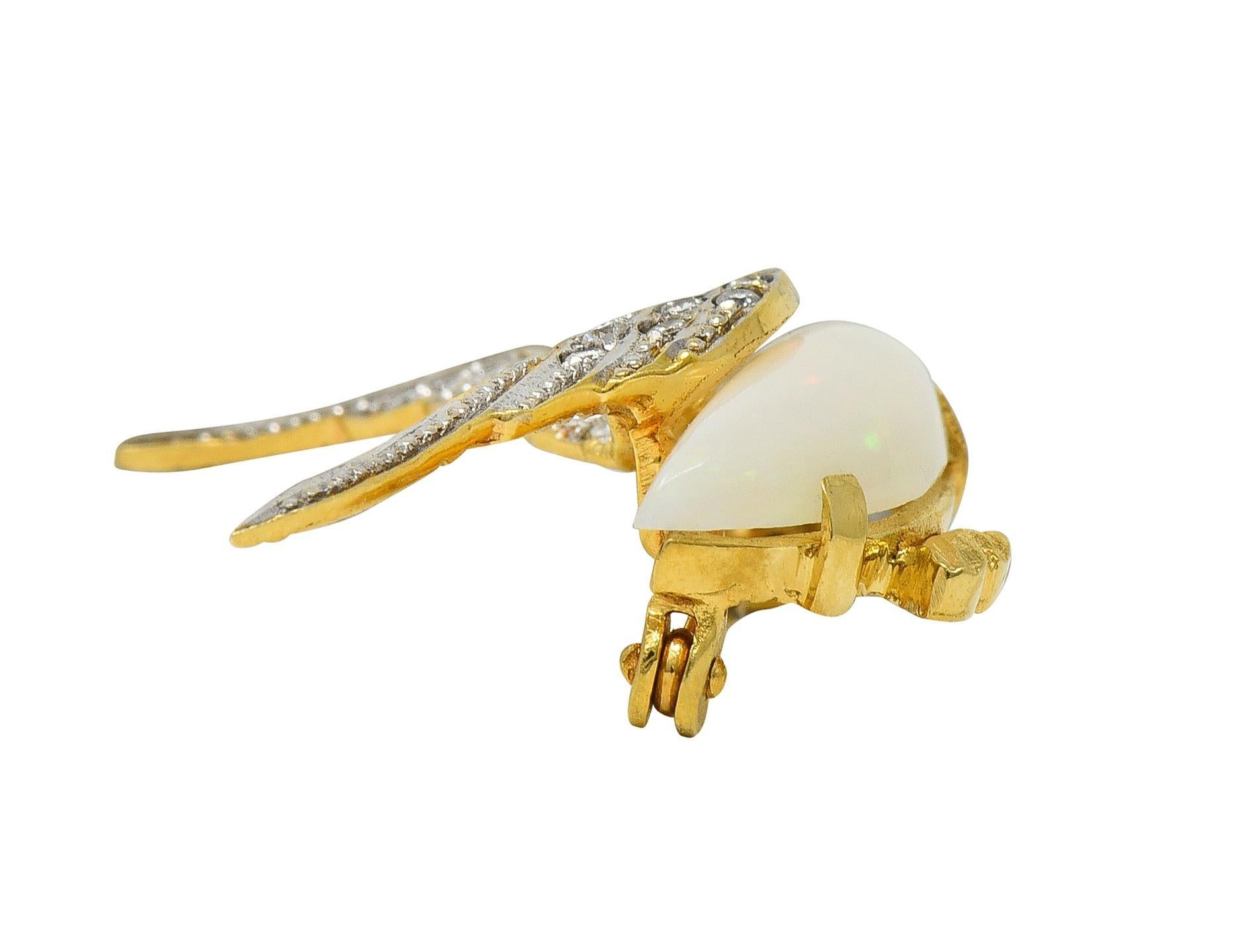 Women's or Men's 1960's Opal Diamond Ruby Platinum 18 Karat Gold Vintage Goose Bird Brooch For Sale