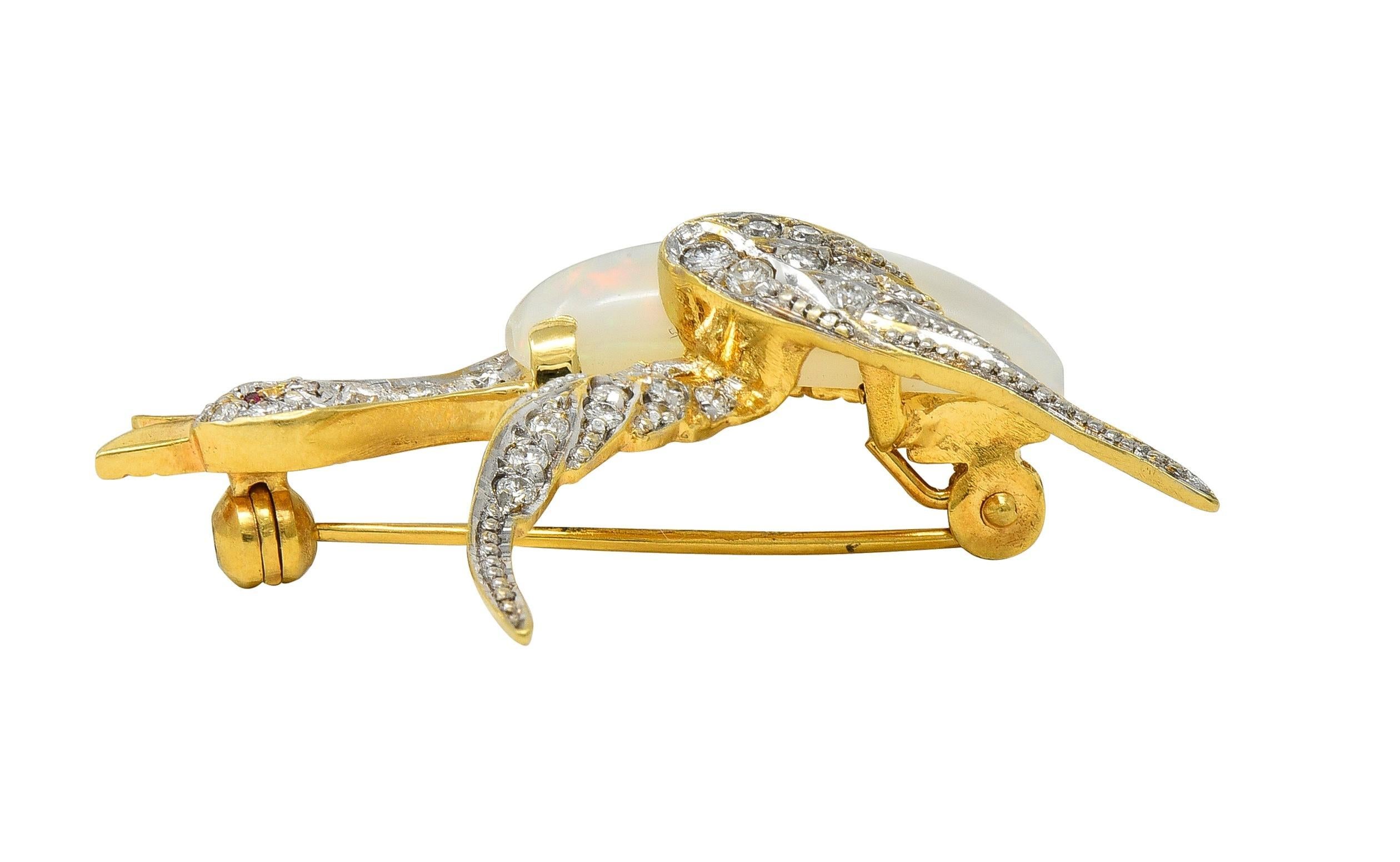 1960's Opal Diamond Ruby Platinum 18 Karat Gold Vintage Goose Bird Brooch en vente 1