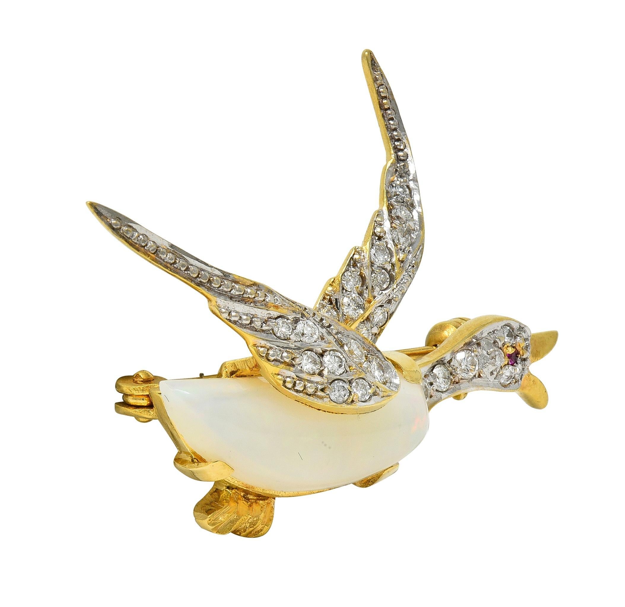 1960's Opal Diamond Ruby Platinum 18 Karat Gold Vintage Goose Bird Brooch For Sale 2
